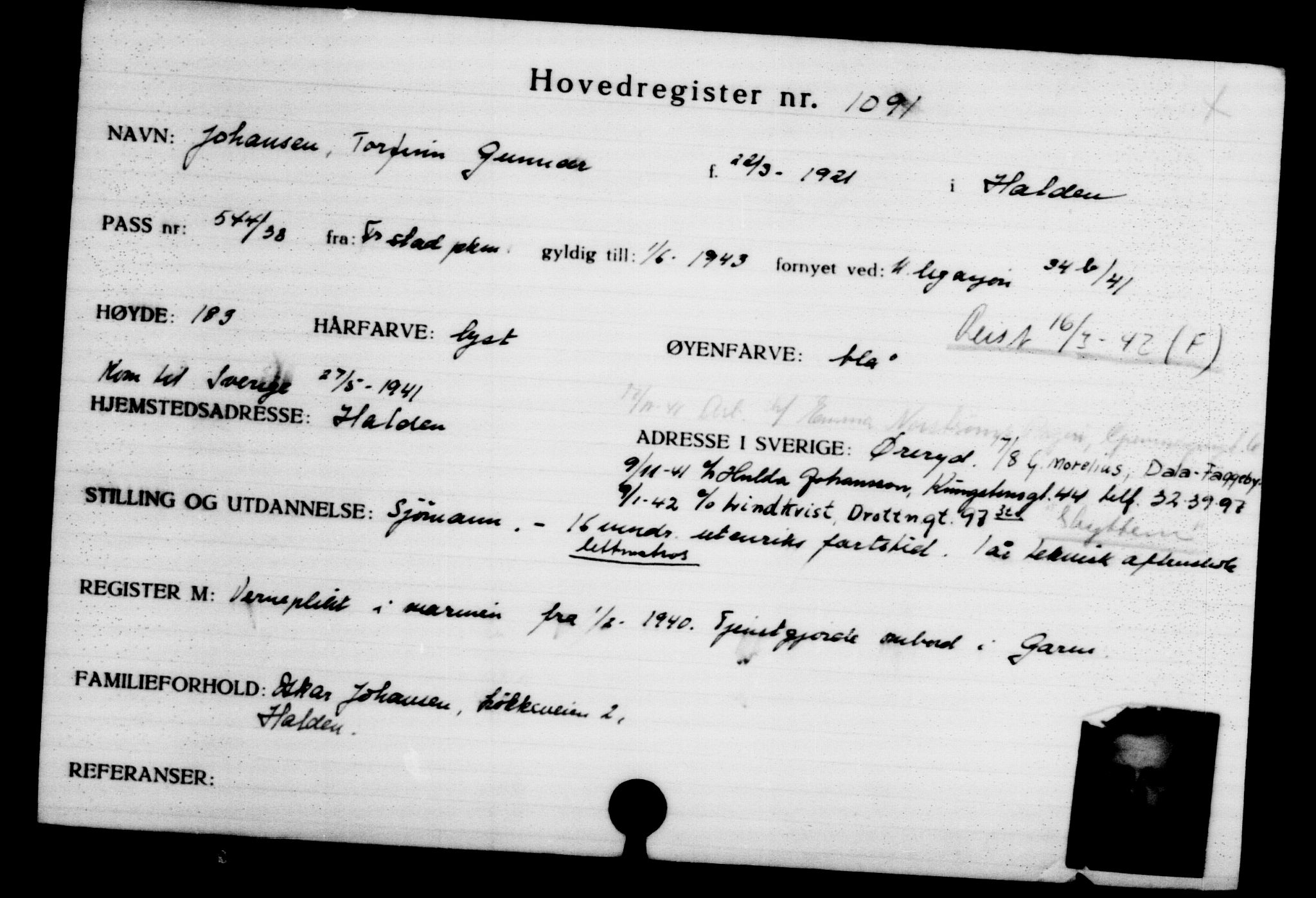 Utenriksstasjonene, Legasjonen i Stockholm, Flyktningkontoret, AV/RA-S-6753/V/Va/L0002: Kjesäterkartoteket, flyktninger med registreringsnr. 1001-2000, 1940-1945, s. 153