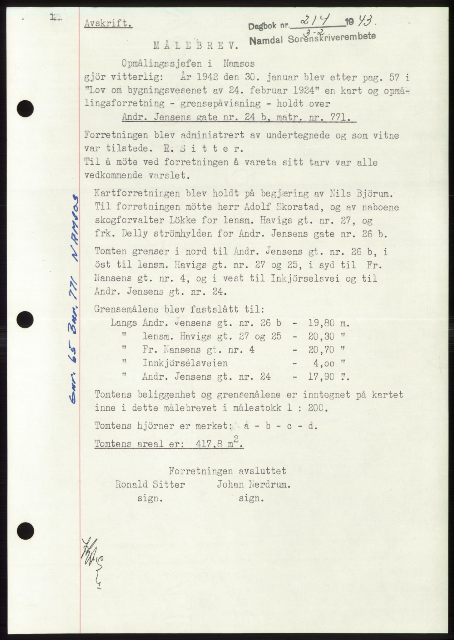 Namdal sorenskriveri, SAT/A-4133/1/2/2C: Pantebok nr. -, 1942-1943, Dagboknr: 214/1943