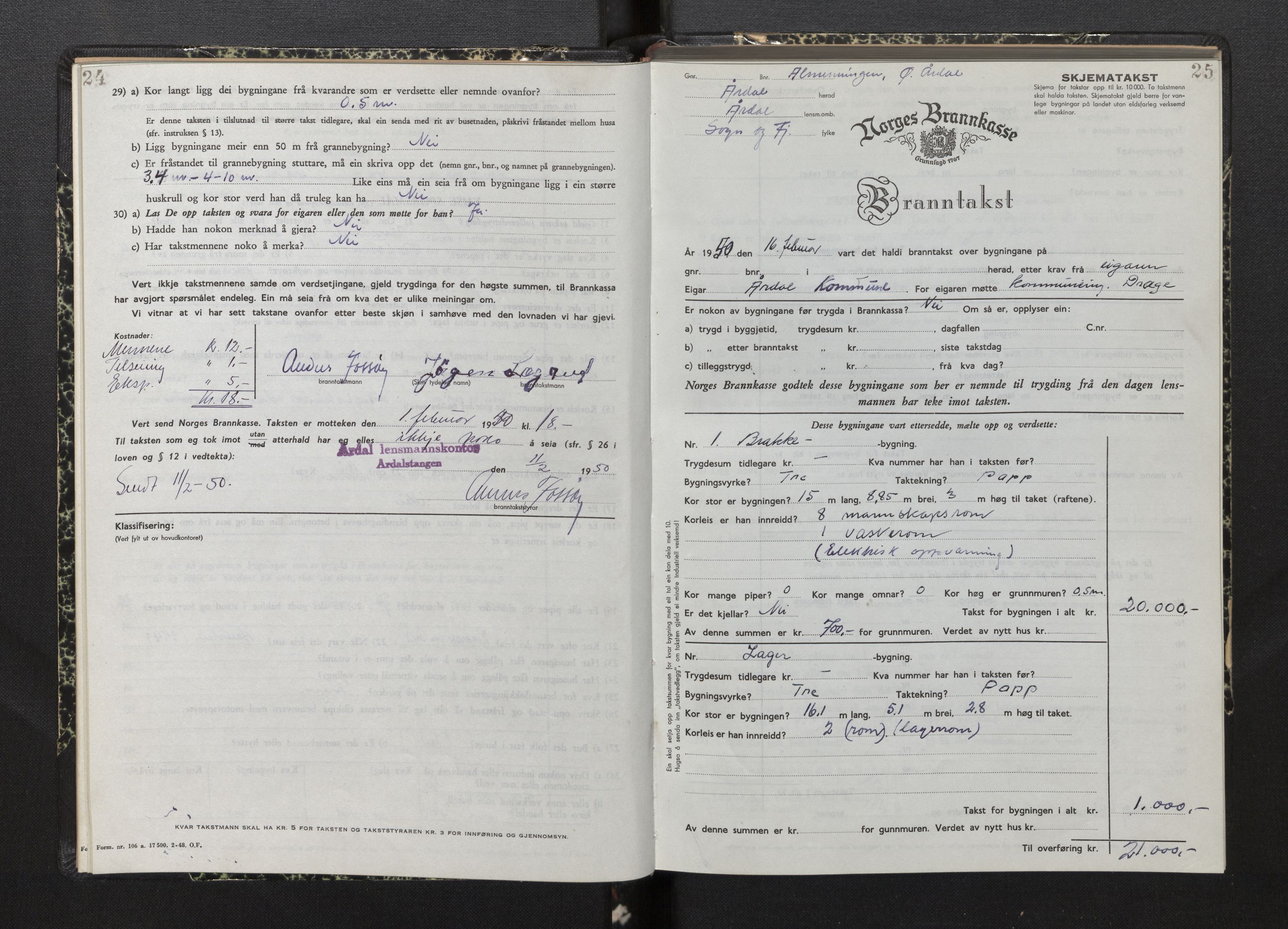 Lensmannen i Årdal, AV/SAB-A-30501/0012/L0012: Branntakstprotokoll, skjematakst, 1949-1955, s. 24-25