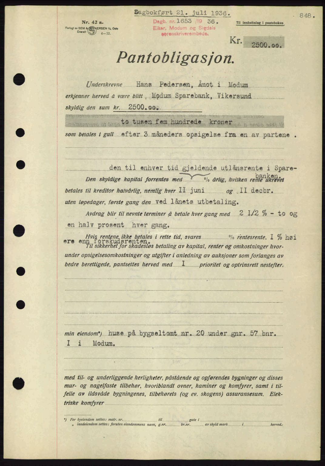 Eiker, Modum og Sigdal sorenskriveri, SAKO/A-123/G/Ga/Gab/L0032: Pantebok nr. A2, 1936-1936, Dagboknr: 1653/1936