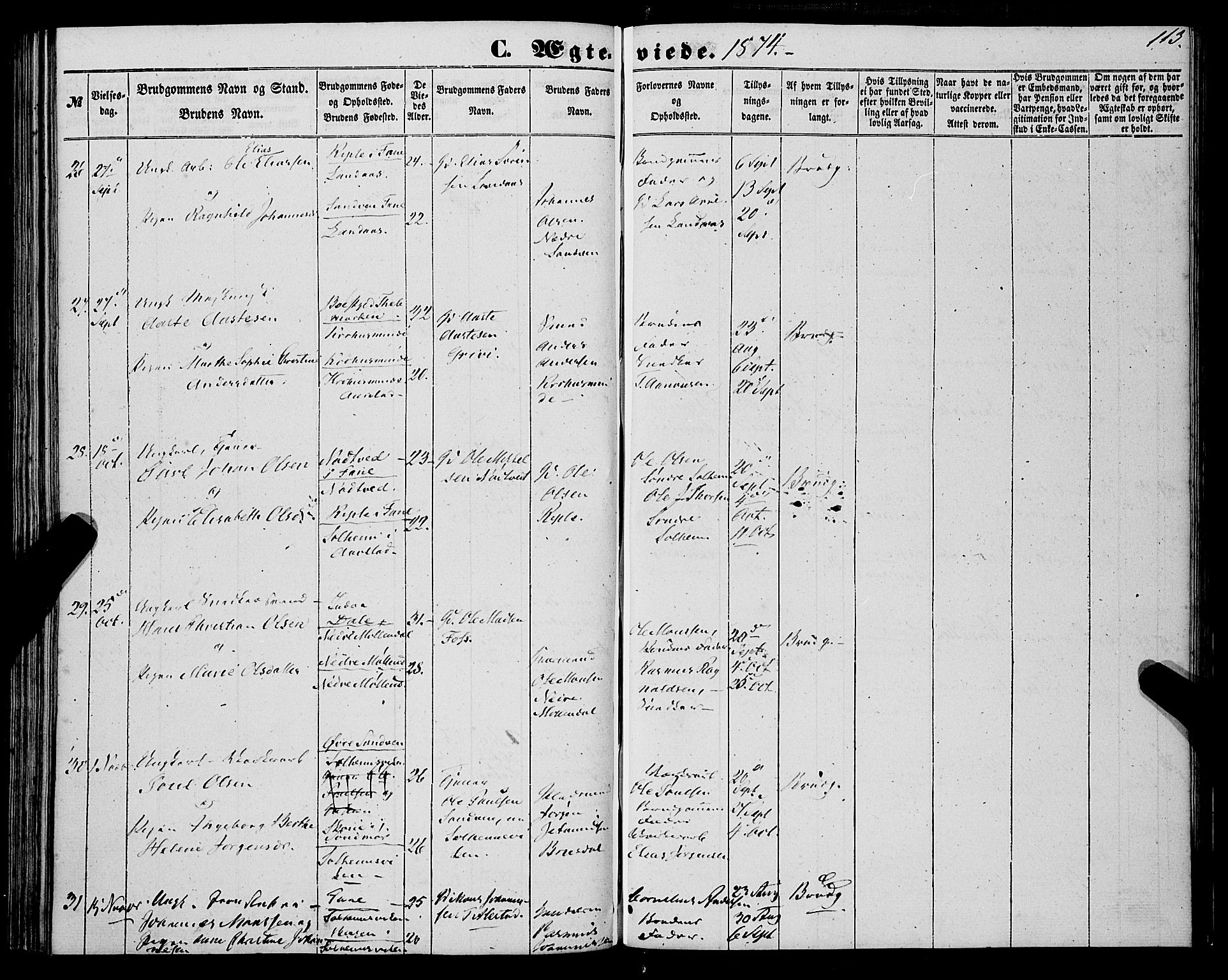 St. Jørgens hospital og Årstad sokneprestembete, AV/SAB-A-99934: Ministerialbok nr. A 9, 1853-1878, s. 113