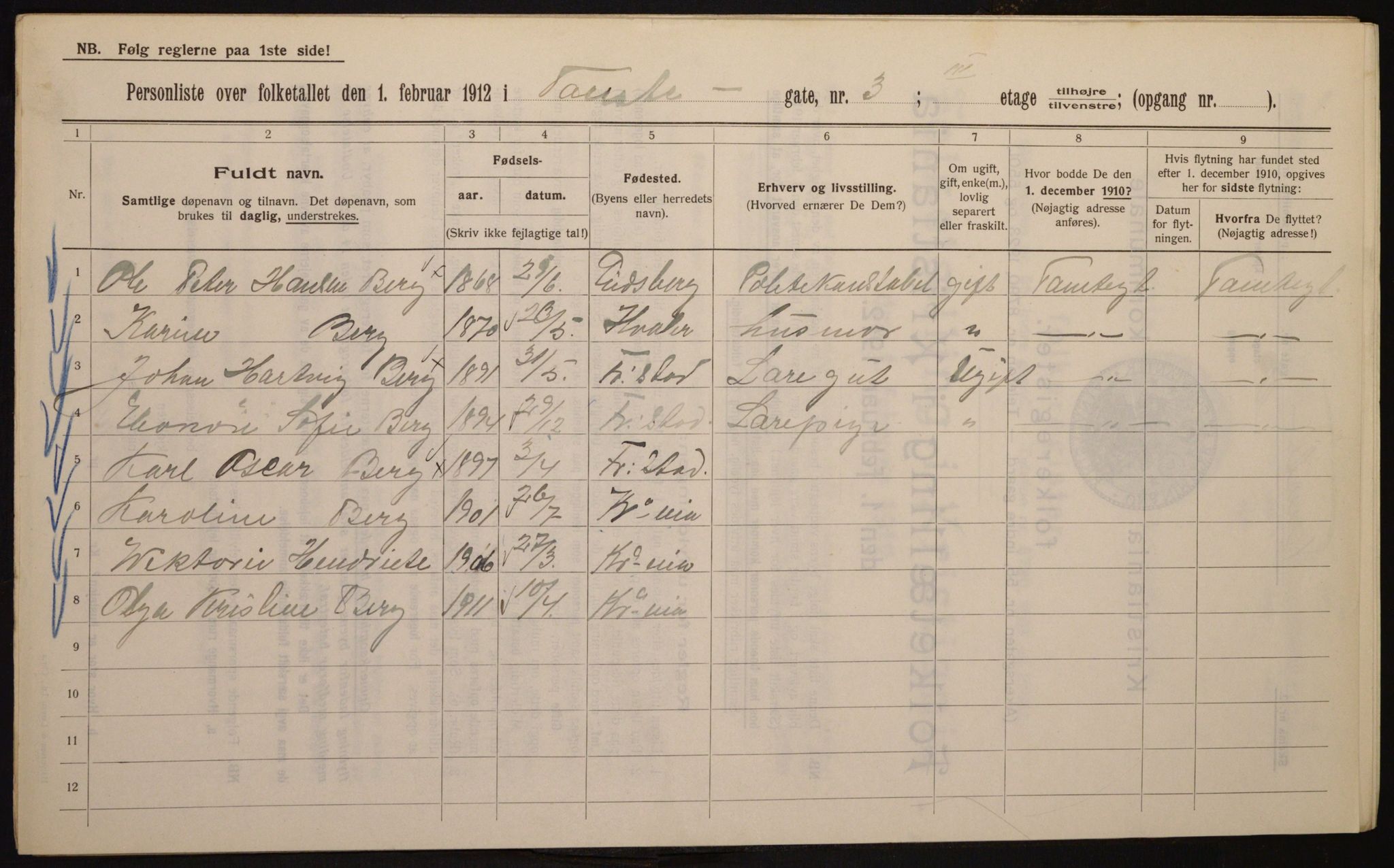 OBA, Kommunal folketelling 1.2.1912 for Kristiania, 1912, s. 113426