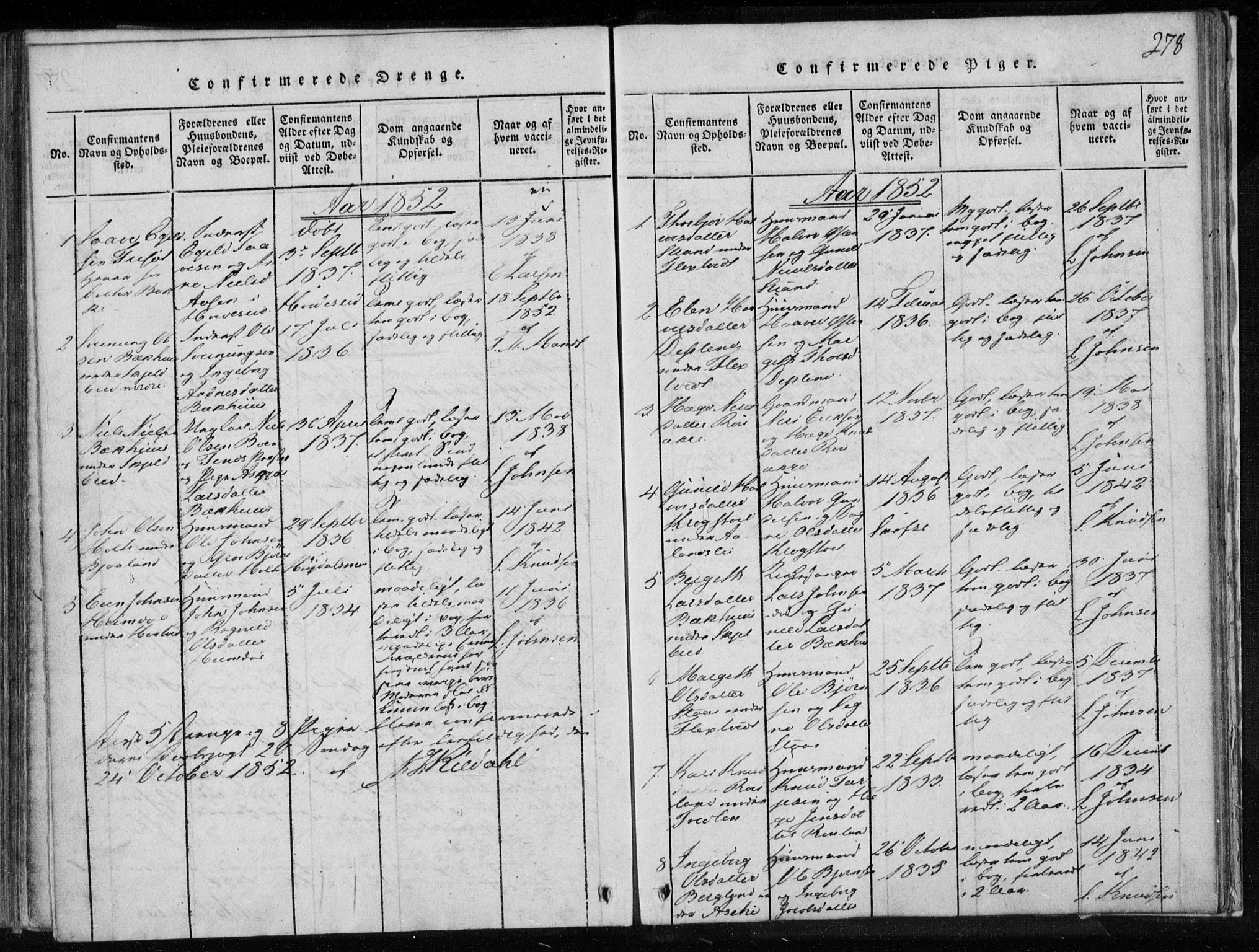 Lårdal kirkebøker, AV/SAKO-A-284/F/Fa/L0005: Ministerialbok nr. I 5, 1815-1860, s. 278