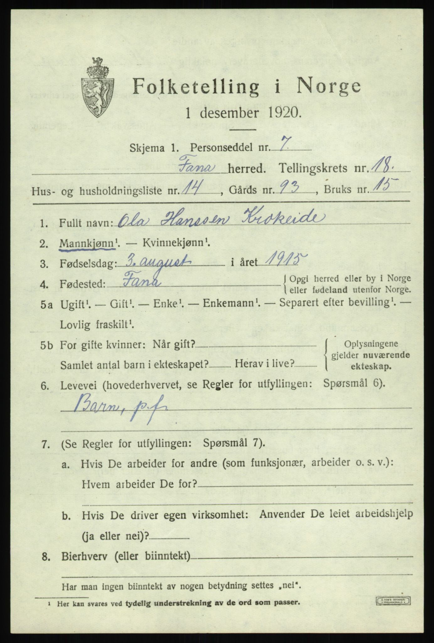 SAB, Folketelling 1920 for 1249 Fana herred, 1920, s. 22631