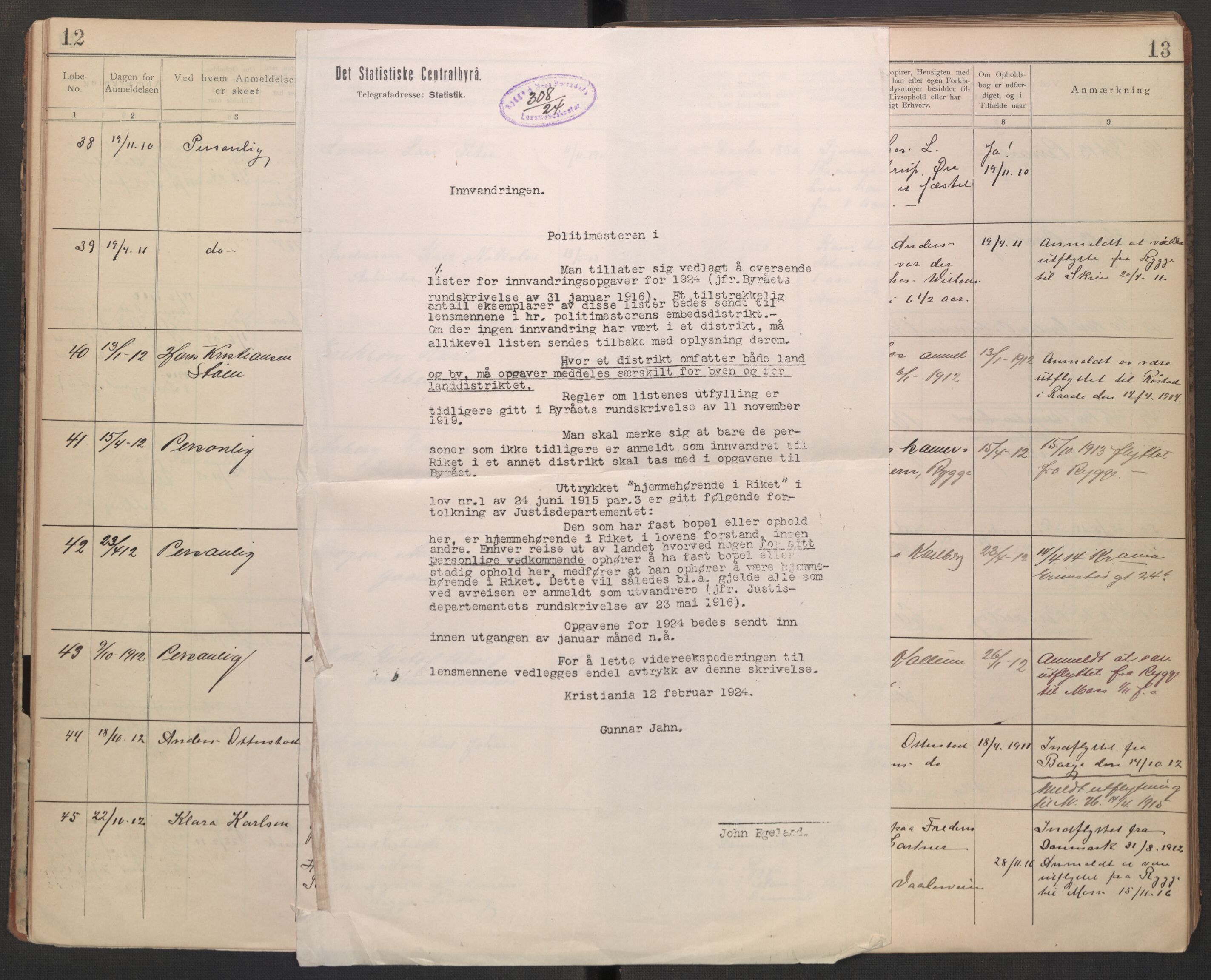 Rygge lensmannskontor, AV/SAO-A-10005/I/Ic/Ica/L0002: Protokoll over fremmede statsborgere, 1902-1928, s. 12-13