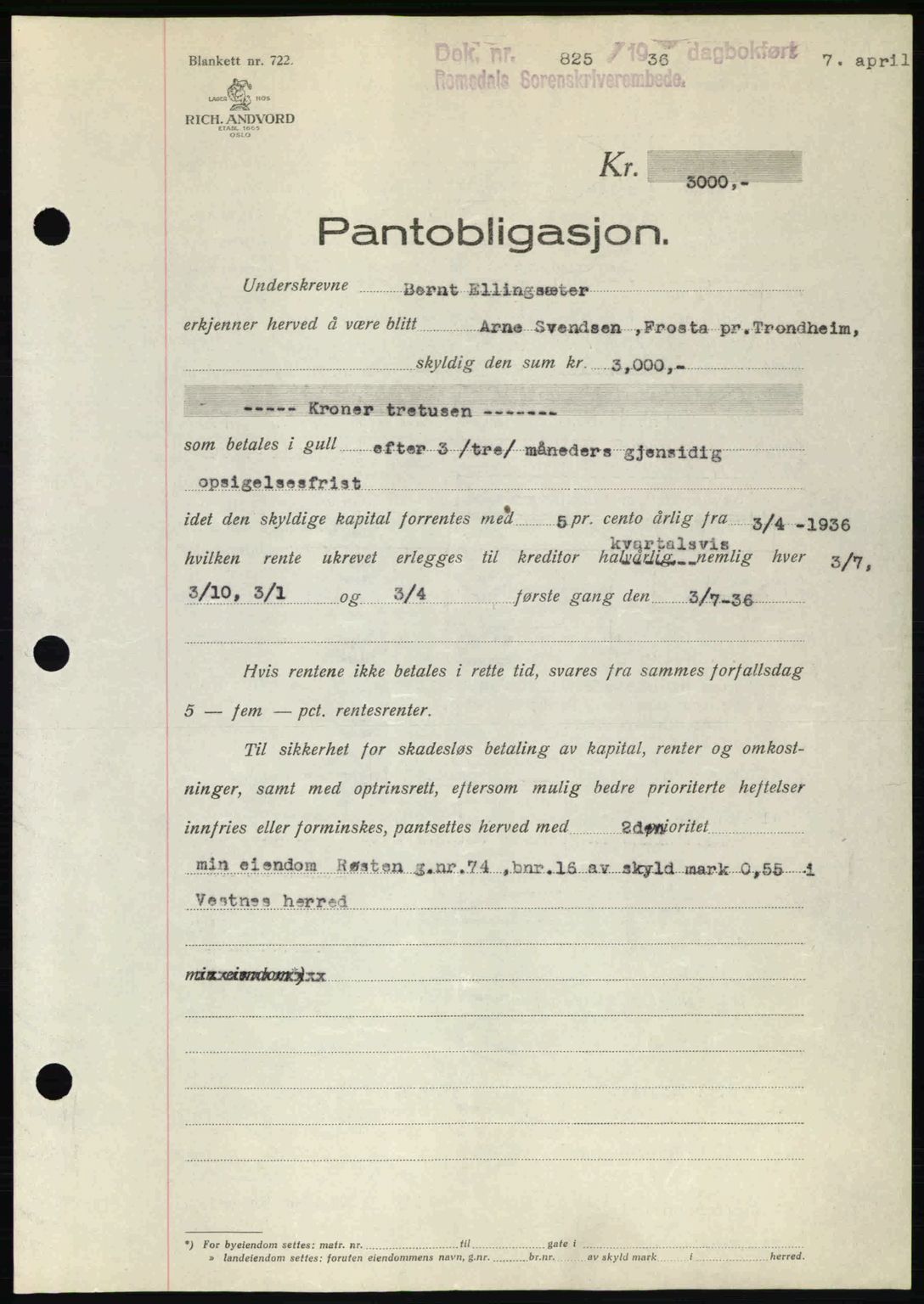 Romsdal sorenskriveri, SAT/A-4149/1/2/2C: Pantebok nr. B1, 1936-1939, Dagboknr: 825/1936
