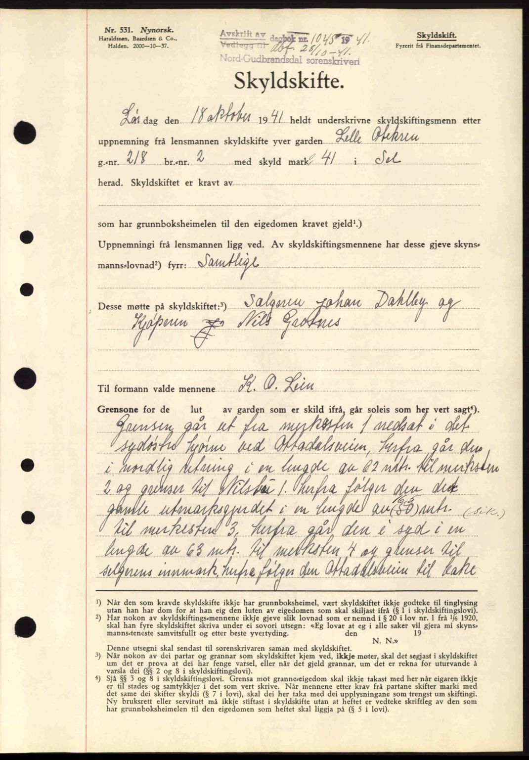 Nord-Gudbrandsdal tingrett, SAH/TING-002/H/Hb/Hbb/L0007: Pantebok nr. FA7, 1941-1941, Dagboknr: 1045/1941