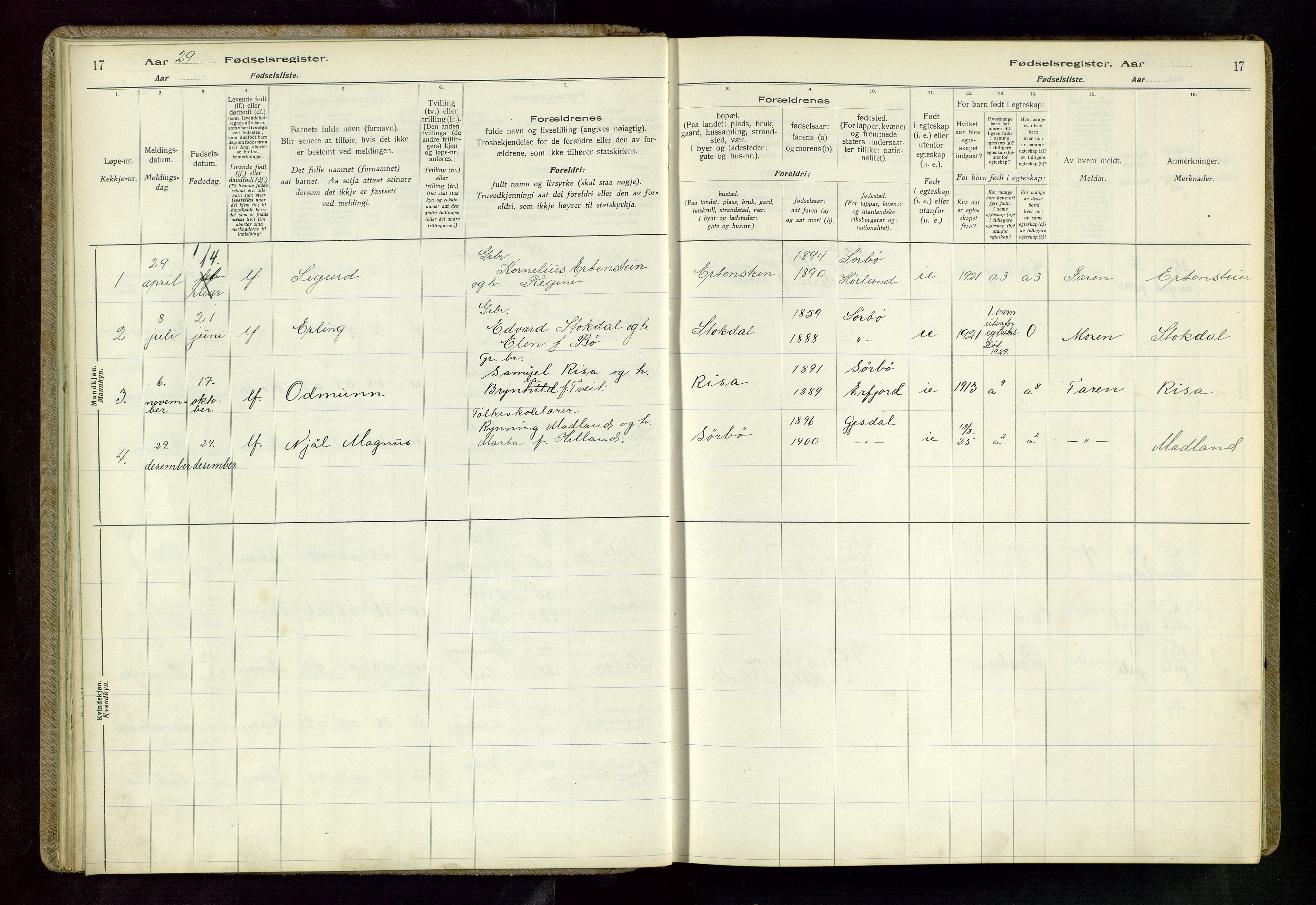 Rennesøy sokneprestkontor, SAST/A -101827/I/Id/L0003: Fødselsregister nr. 3, 1916-1982, s. 17