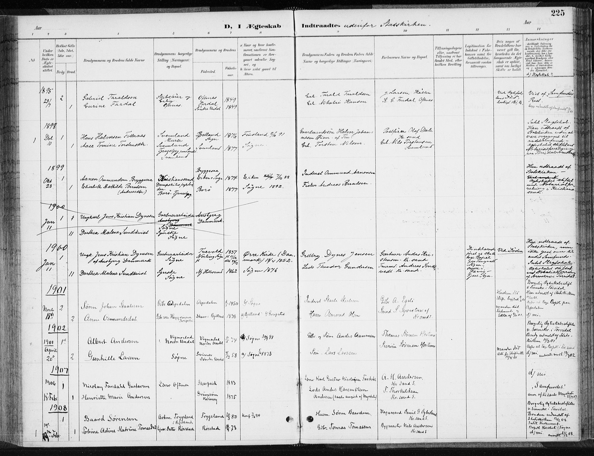 Søgne sokneprestkontor, SAK/1111-0037/F/Fa/Fab/L0013: Ministerialbok nr. A 13, 1892-1911, s. 225