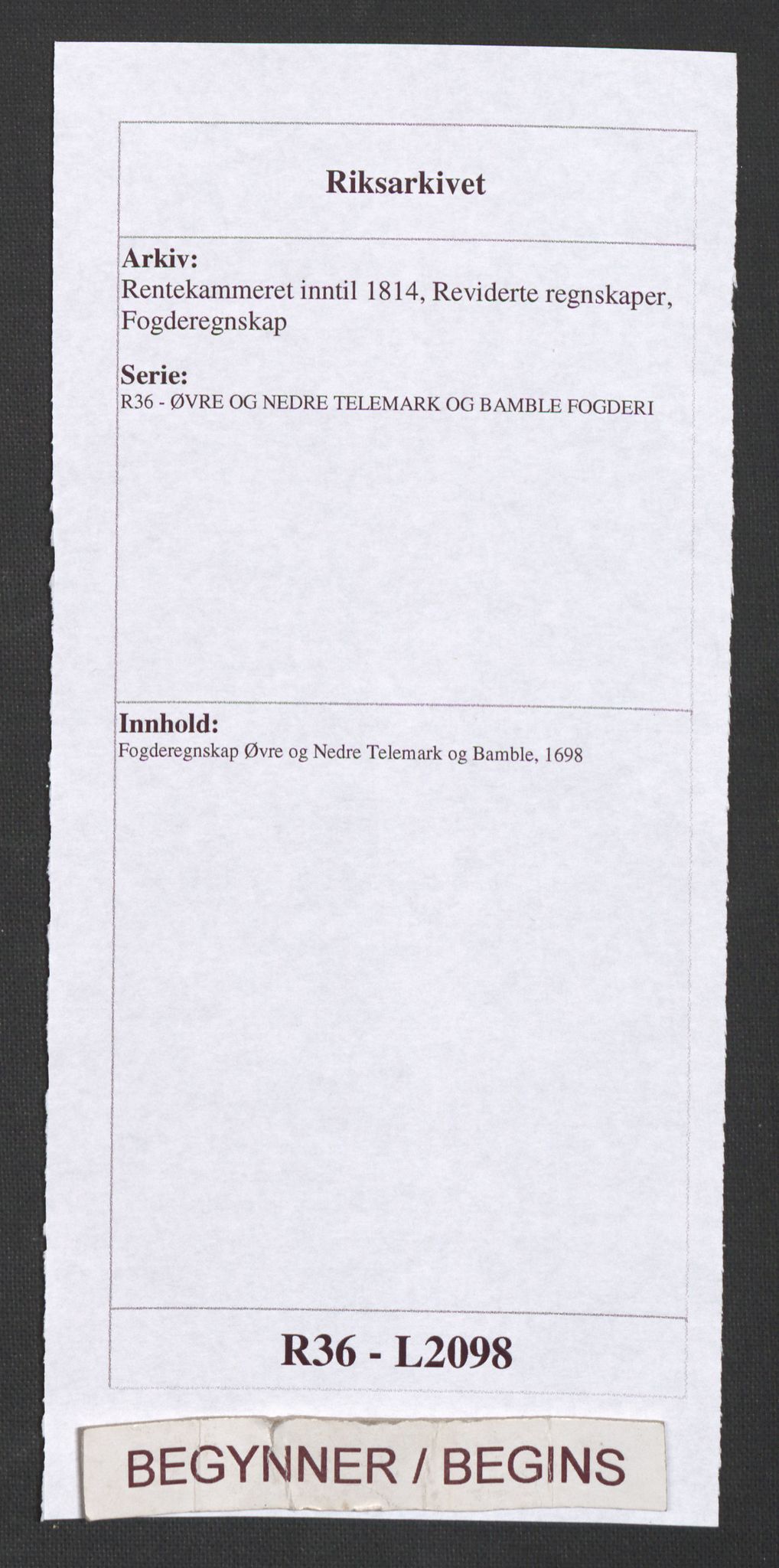 Rentekammeret inntil 1814, Reviderte regnskaper, Fogderegnskap, AV/RA-EA-4092/R36/L2098: Fogderegnskap Øvre og Nedre Telemark og Bamble, 1698, s. 1