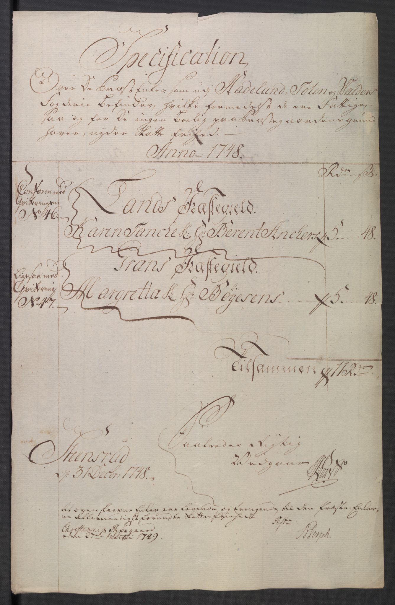 Rentekammeret inntil 1814, Reviderte regnskaper, Fogderegnskap, RA/EA-4092/R18/L1346: Fogderegnskap Hadeland, Toten og Valdres, 1747-1748, s. 451