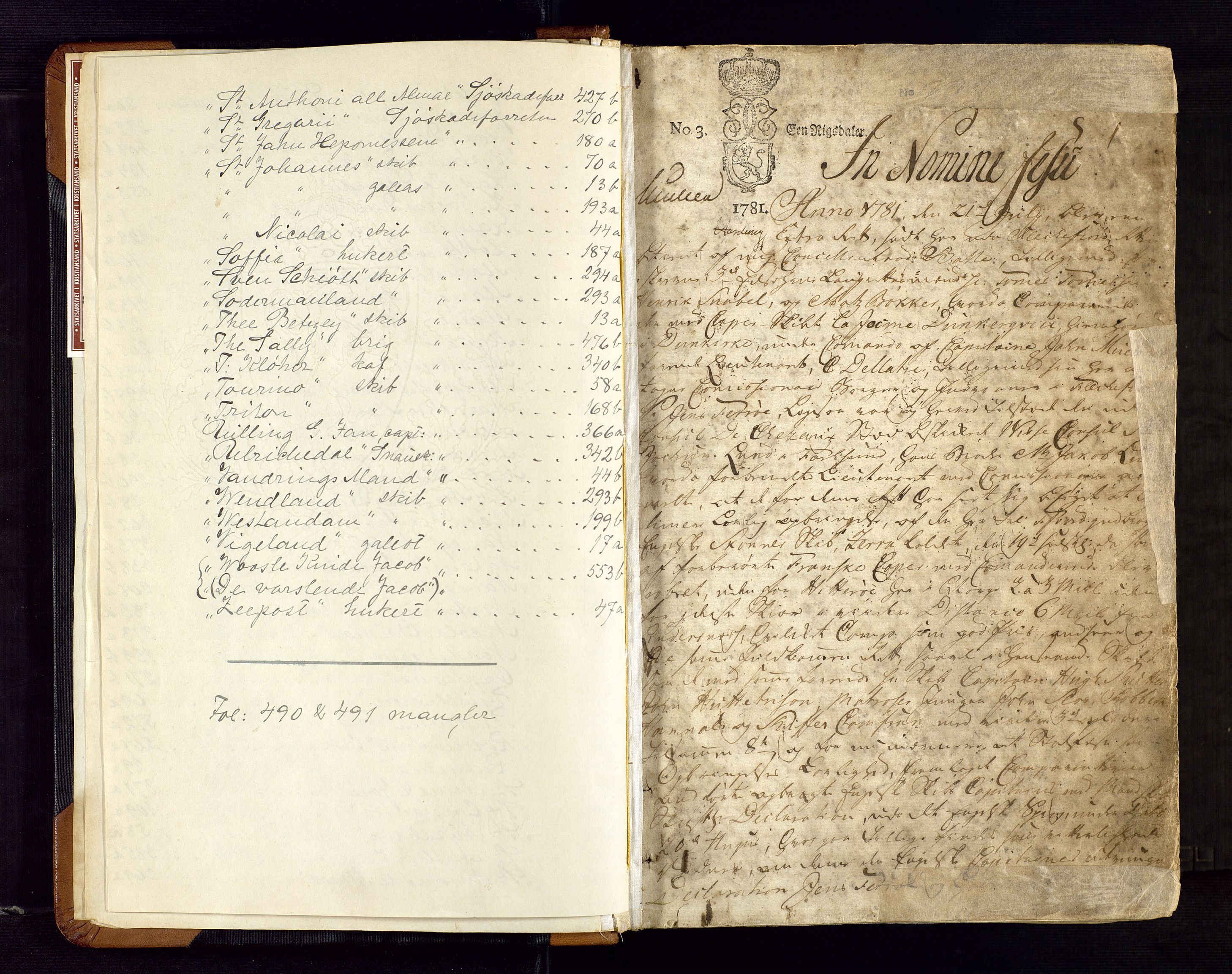 Lister sorenskriveri, SAK/1221-0003/F/Fb/L0010: Ekstrarettsprotokoll med register nr 10, 1781-1790, s. 1