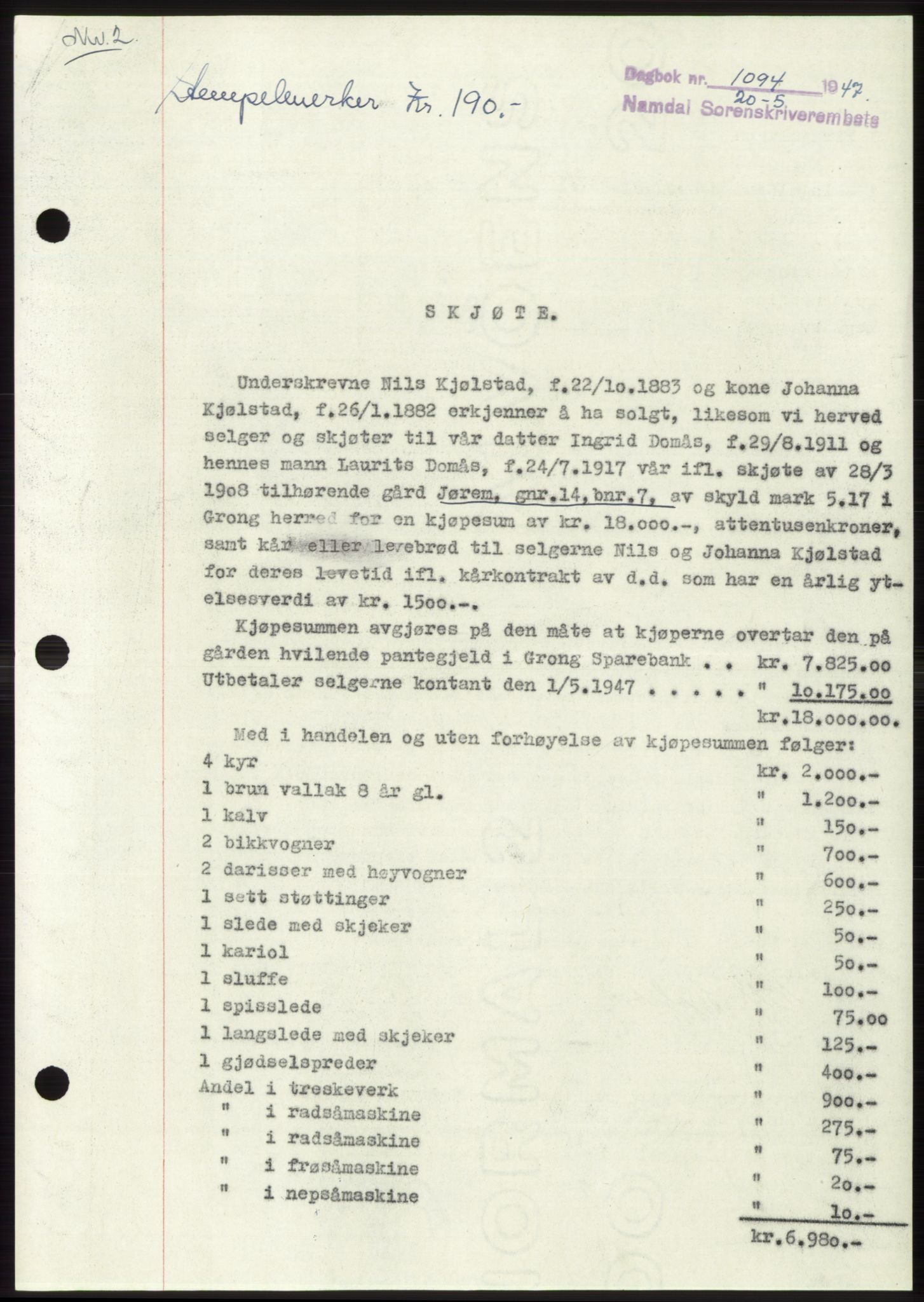 Namdal sorenskriveri, SAT/A-4133/1/2/2C: Pantebok nr. -, 1947-1947, Dagboknr: 1094/1947