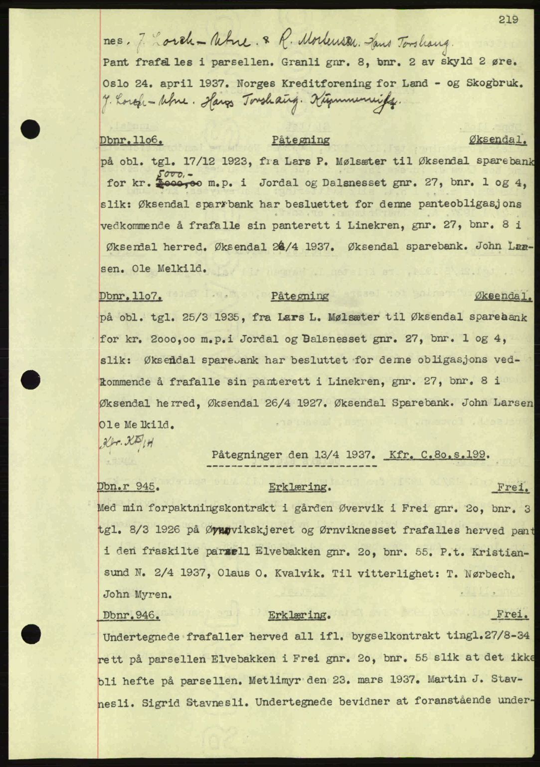 Nordmøre sorenskriveri, SAT/A-4132/1/2/2Ca: Pantebok nr. C80, 1936-1939, Dagboknr: 1106/1937