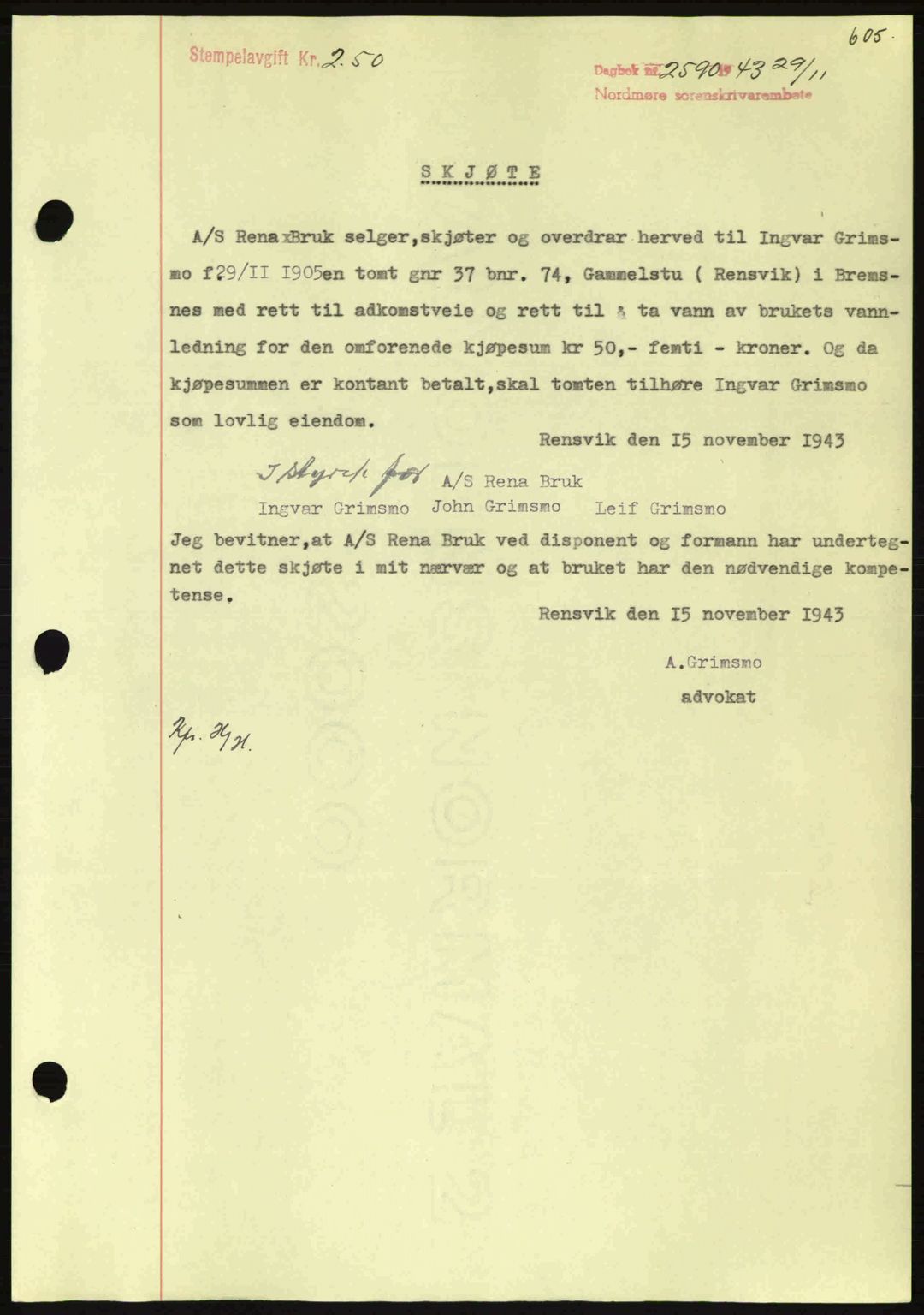 Nordmøre sorenskriveri, SAT/A-4132/1/2/2Ca: Pantebok nr. A96, 1943-1944, Dagboknr: 2590/1943