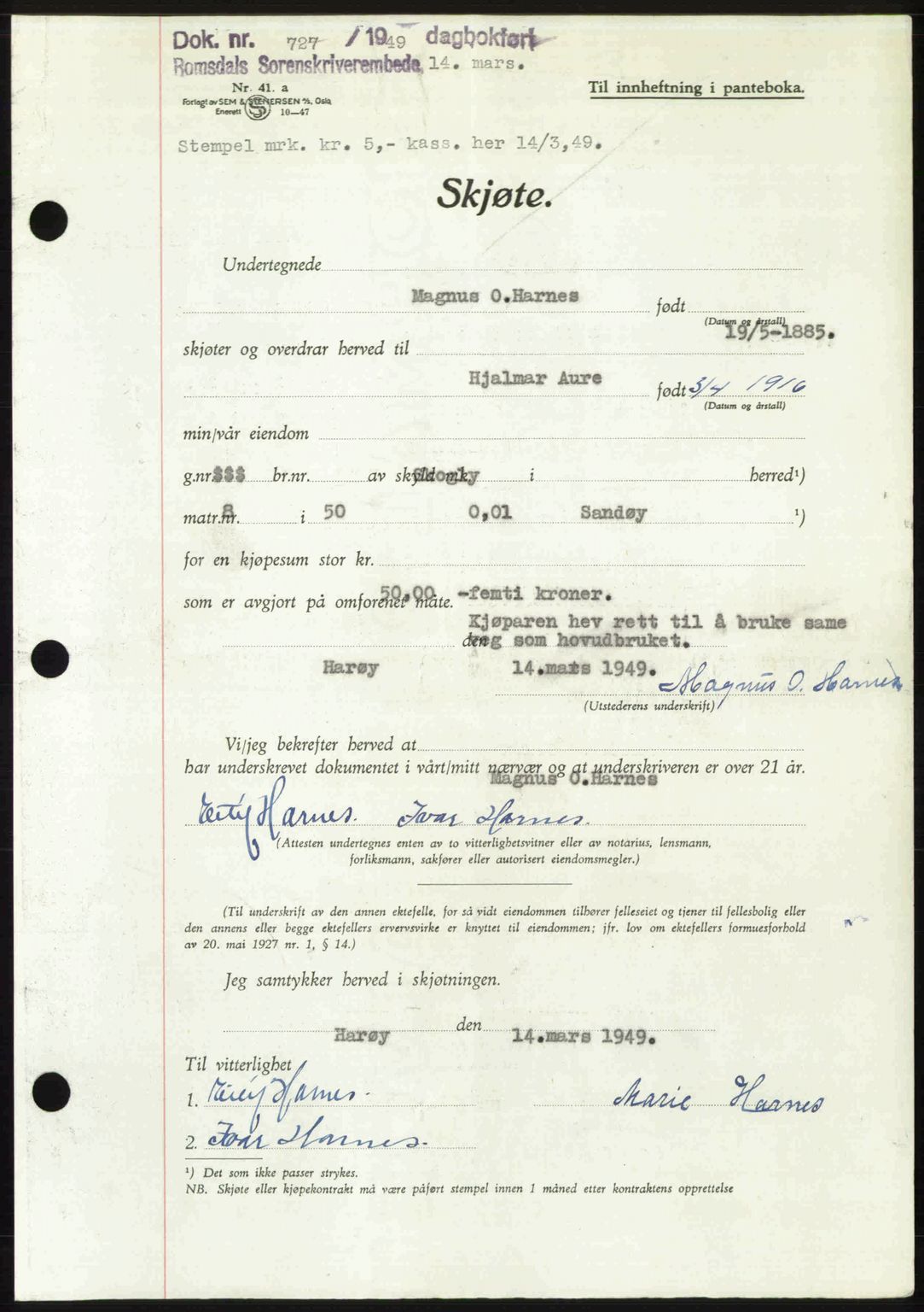 Romsdal sorenskriveri, SAT/A-4149/1/2/2C: Pantebok nr. A29, 1949-1949, Dagboknr: 727/1949