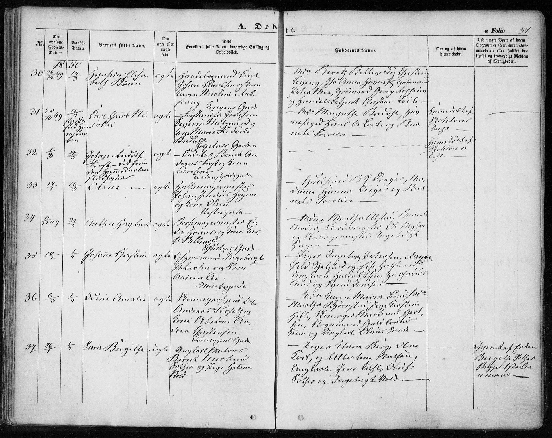 Ministerialprotokoller, klokkerbøker og fødselsregistre - Sør-Trøndelag, SAT/A-1456/601/L0051: Ministerialbok nr. 601A19, 1848-1857, s. 37