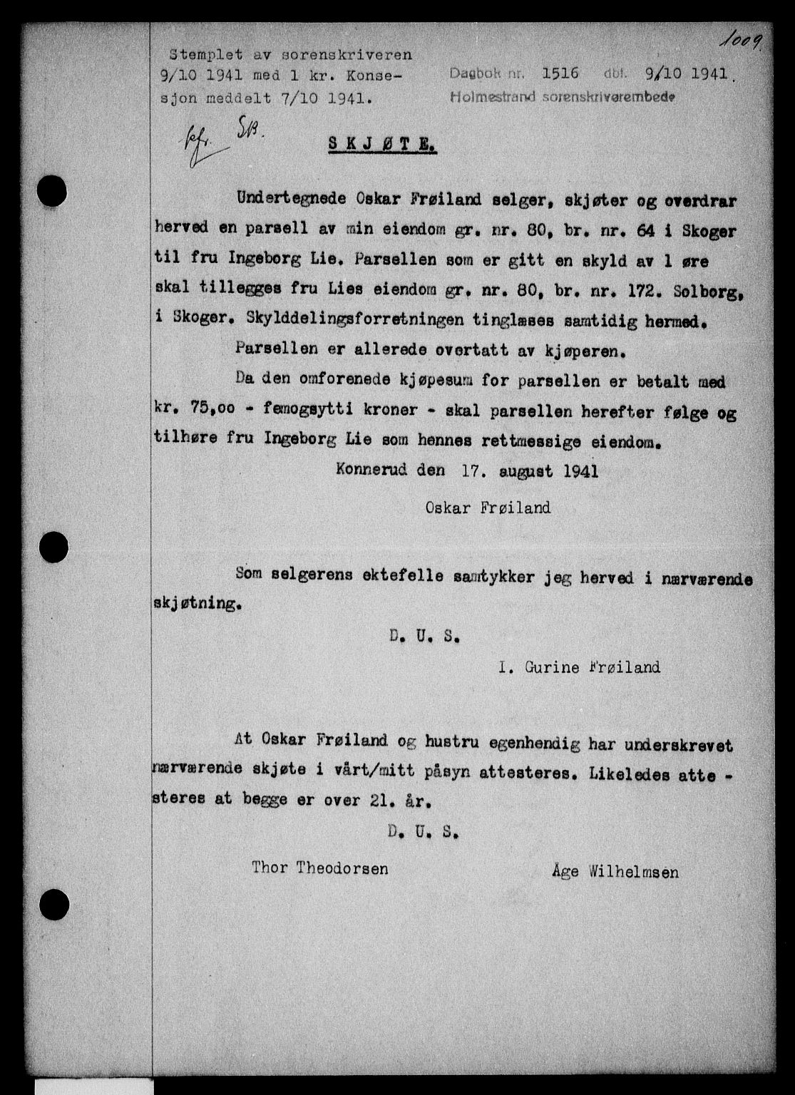 Holmestrand sorenskriveri, SAKO/A-67/G/Ga/Gaa/L0053: Pantebok nr. A-53, 1941-1941, Dagboknr: 1516/1941