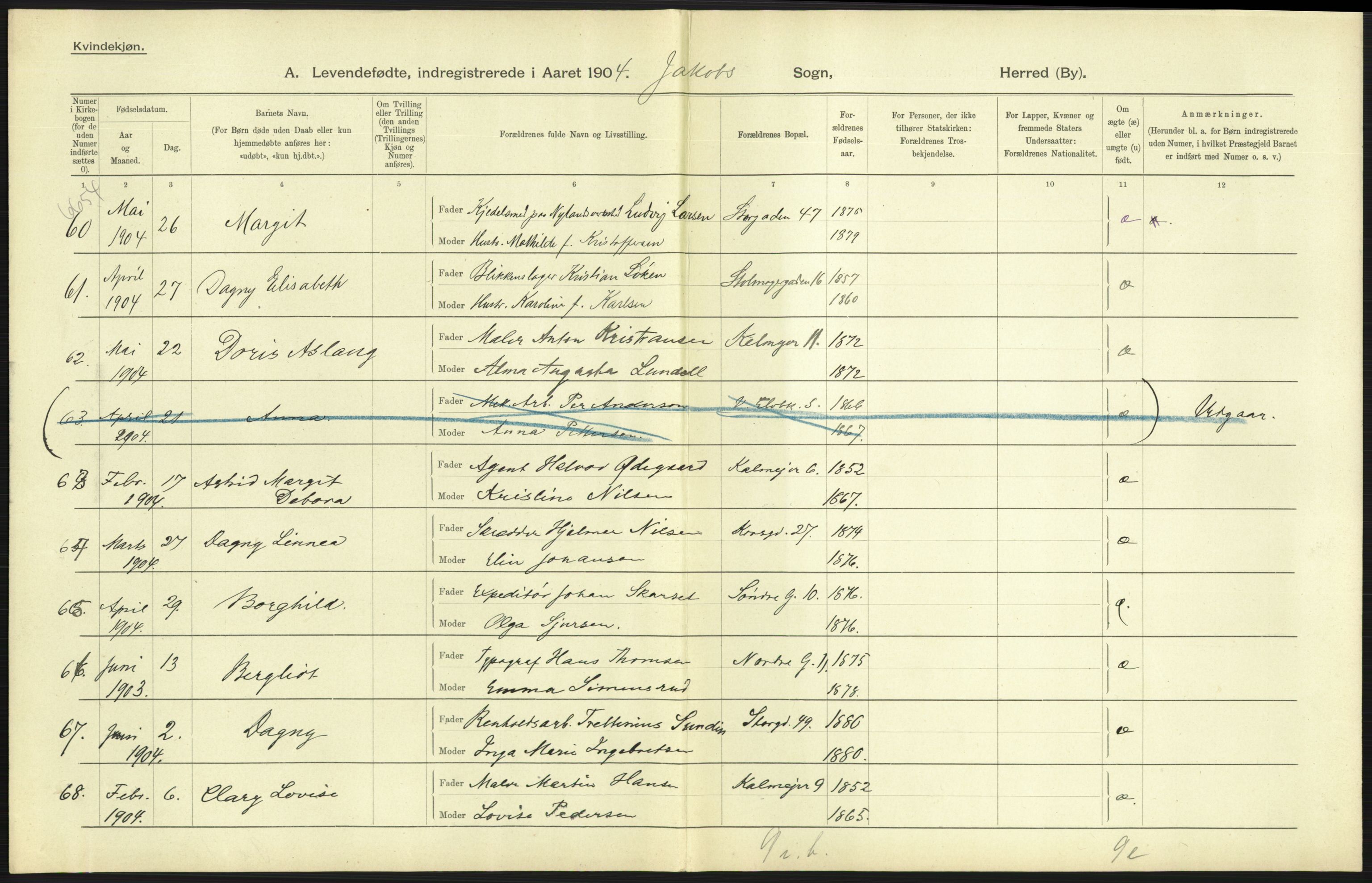 Statistisk sentralbyrå, Sosiodemografiske emner, Befolkning, AV/RA-S-2228/D/Df/Dfa/Dfab/L0003: Kristiania: Fødte, 1904, s. 21