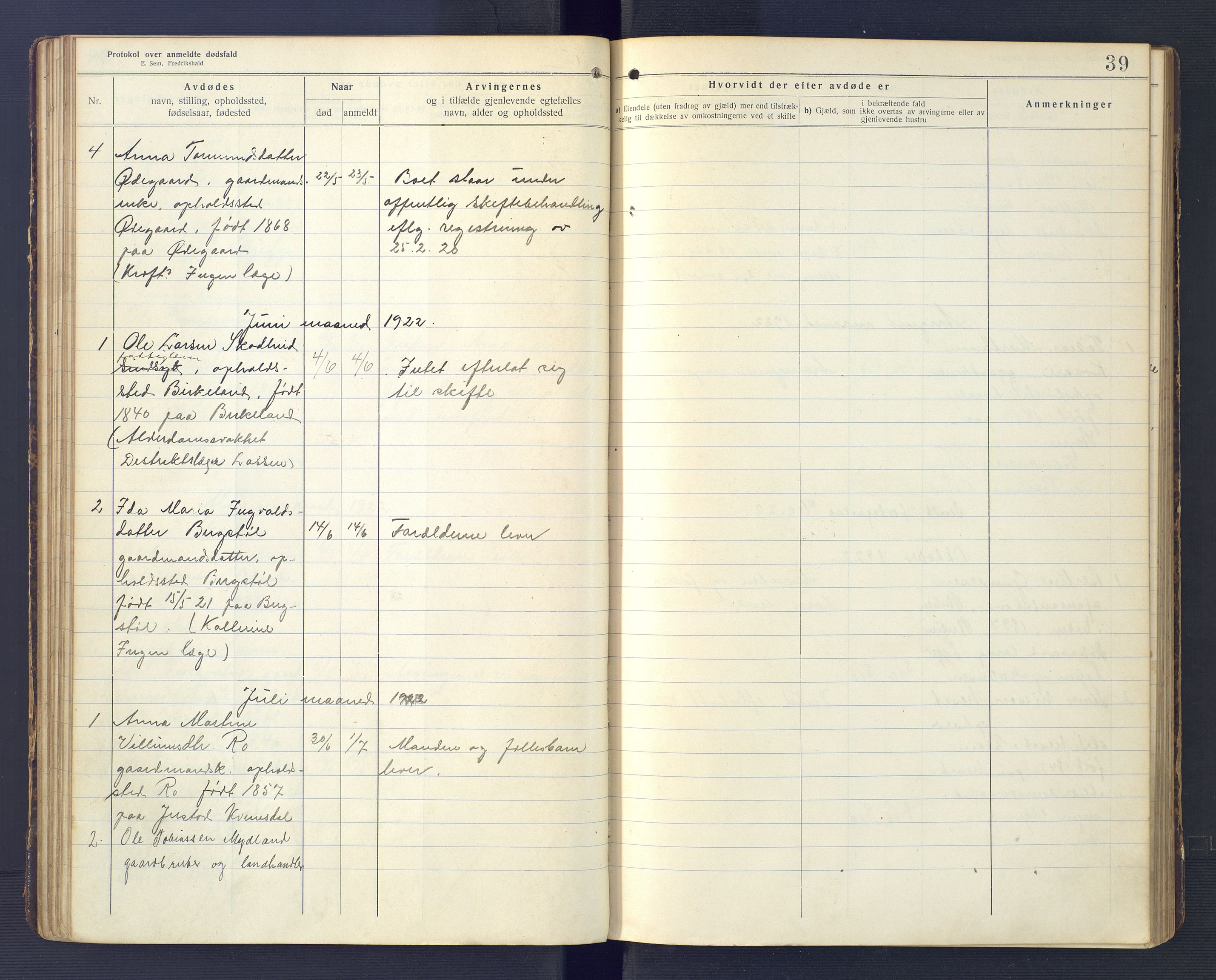 Hægebostad og Eiken lensmannskontor, SAK/1241-0023/F/Fe/L0002: Dødsfallsprotokoll nr 34, 1917-1932, s. 39