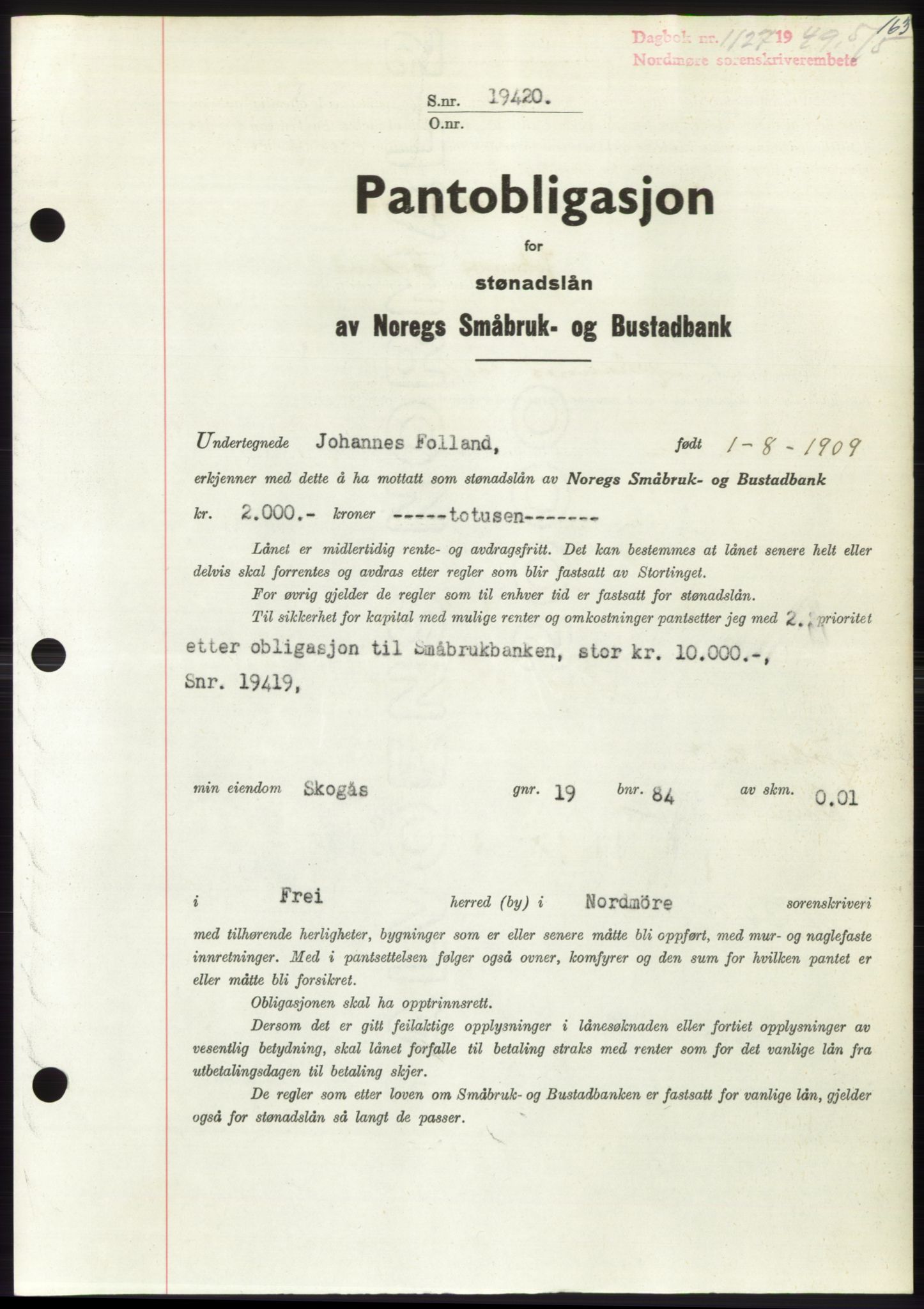 Nordmøre sorenskriveri, SAT/A-4132/1/2/2Ca: Pantebok nr. B101, 1949-1949, Dagboknr: 1127/1949