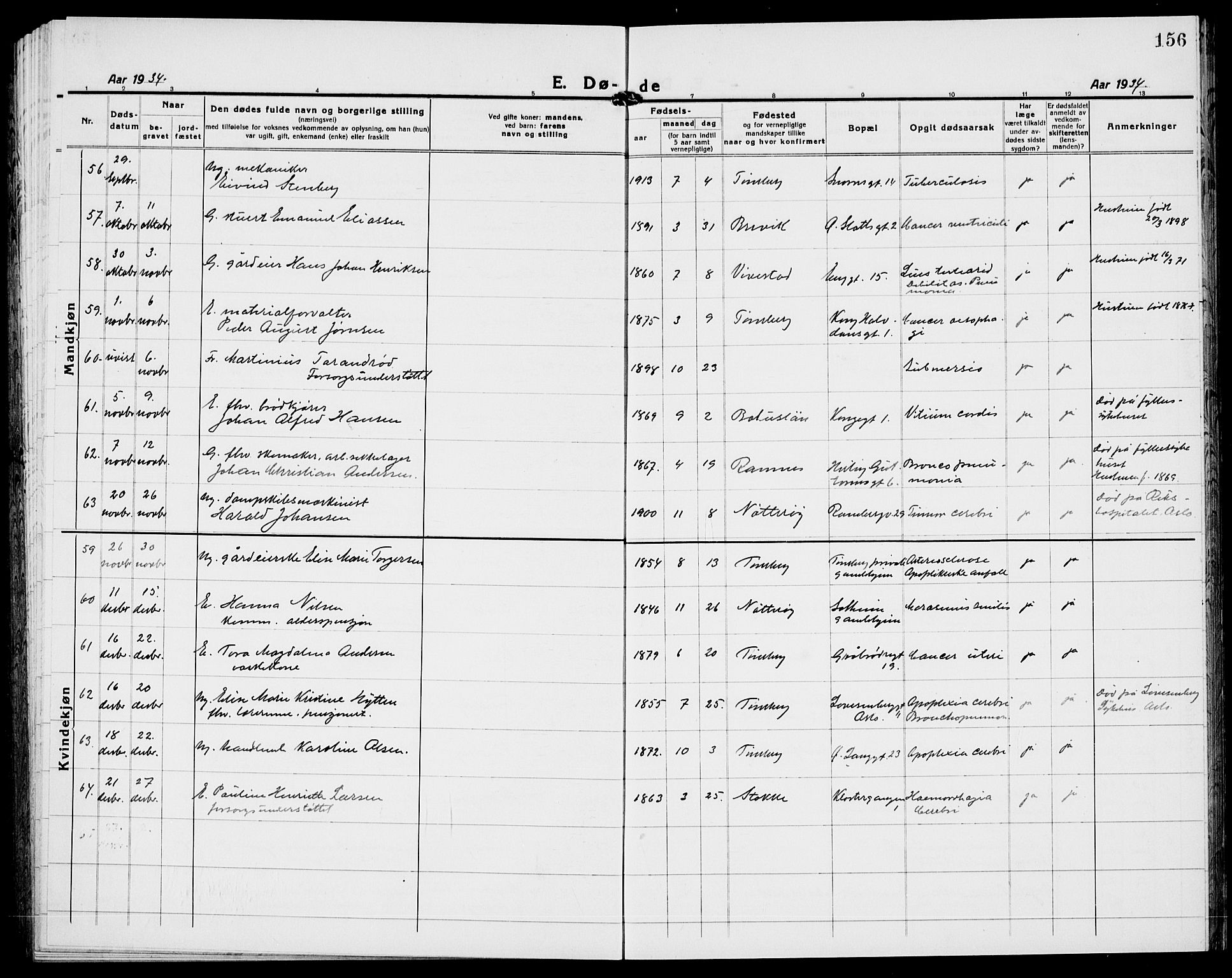 Tønsberg kirkebøker, AV/SAKO-A-330/G/Ga/L0018: Klokkerbok nr. 18, 1920-1935, s. 156