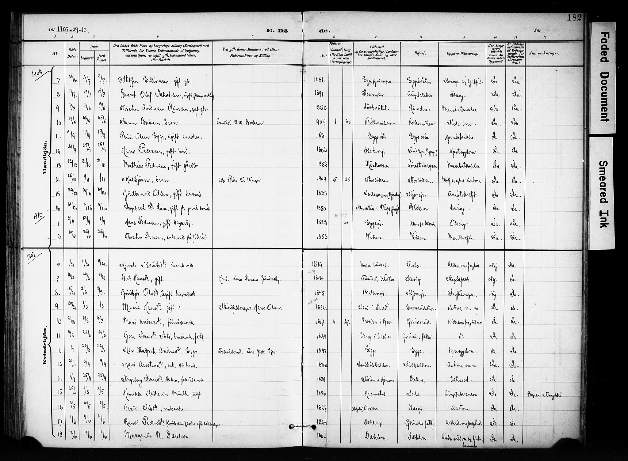 Brandbu prestekontor, SAH/PREST-114/H/Ha/Haa/L0001: Ministerialbok nr. 1, 1900-1912, s. 182