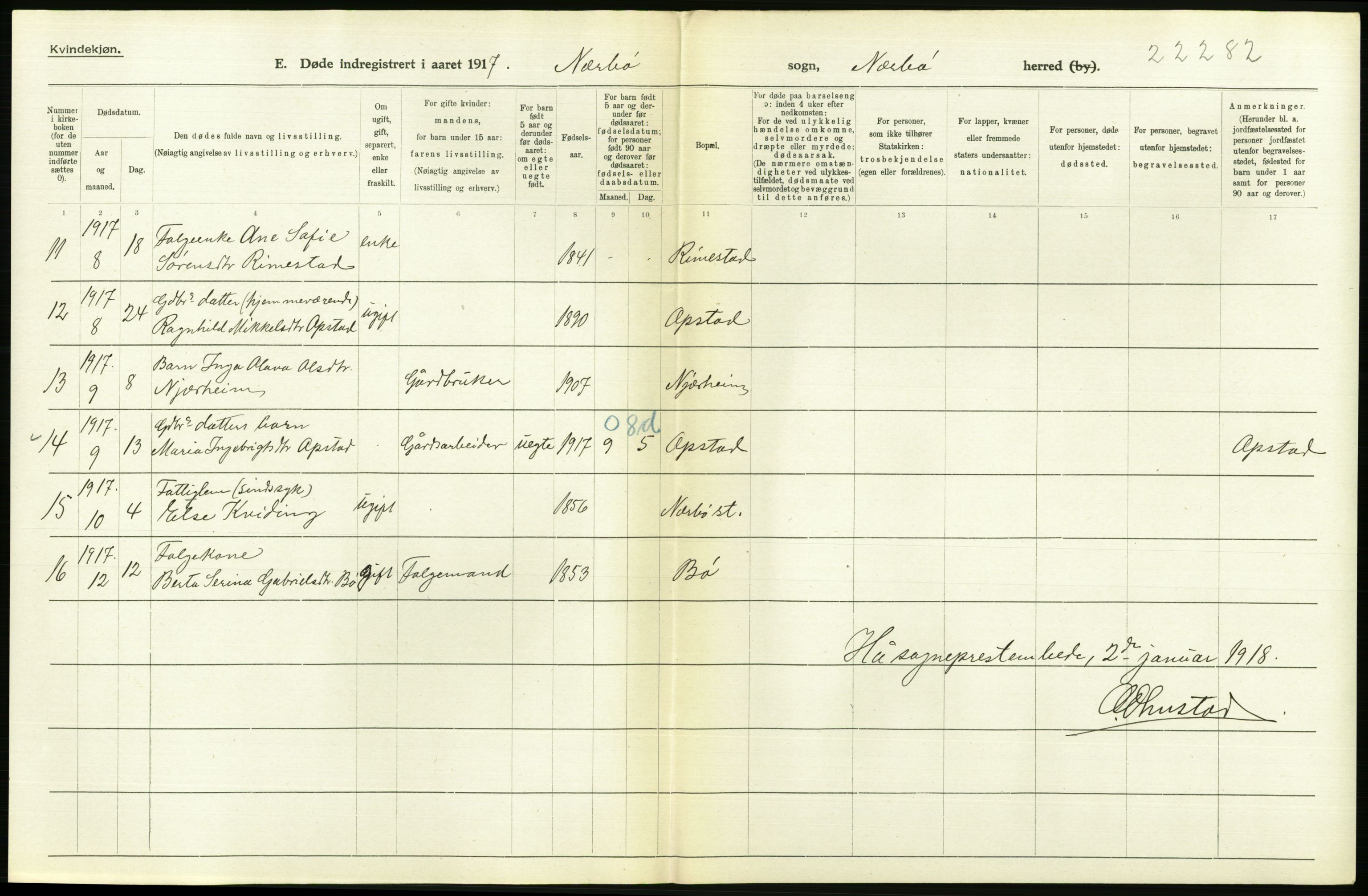 Statistisk sentralbyrå, Sosiodemografiske emner, Befolkning, RA/S-2228/D/Df/Dfb/Dfbg/L0033: Stavanger amt: Døde, dødfødte. Bygder og byer., 1917, s. 192