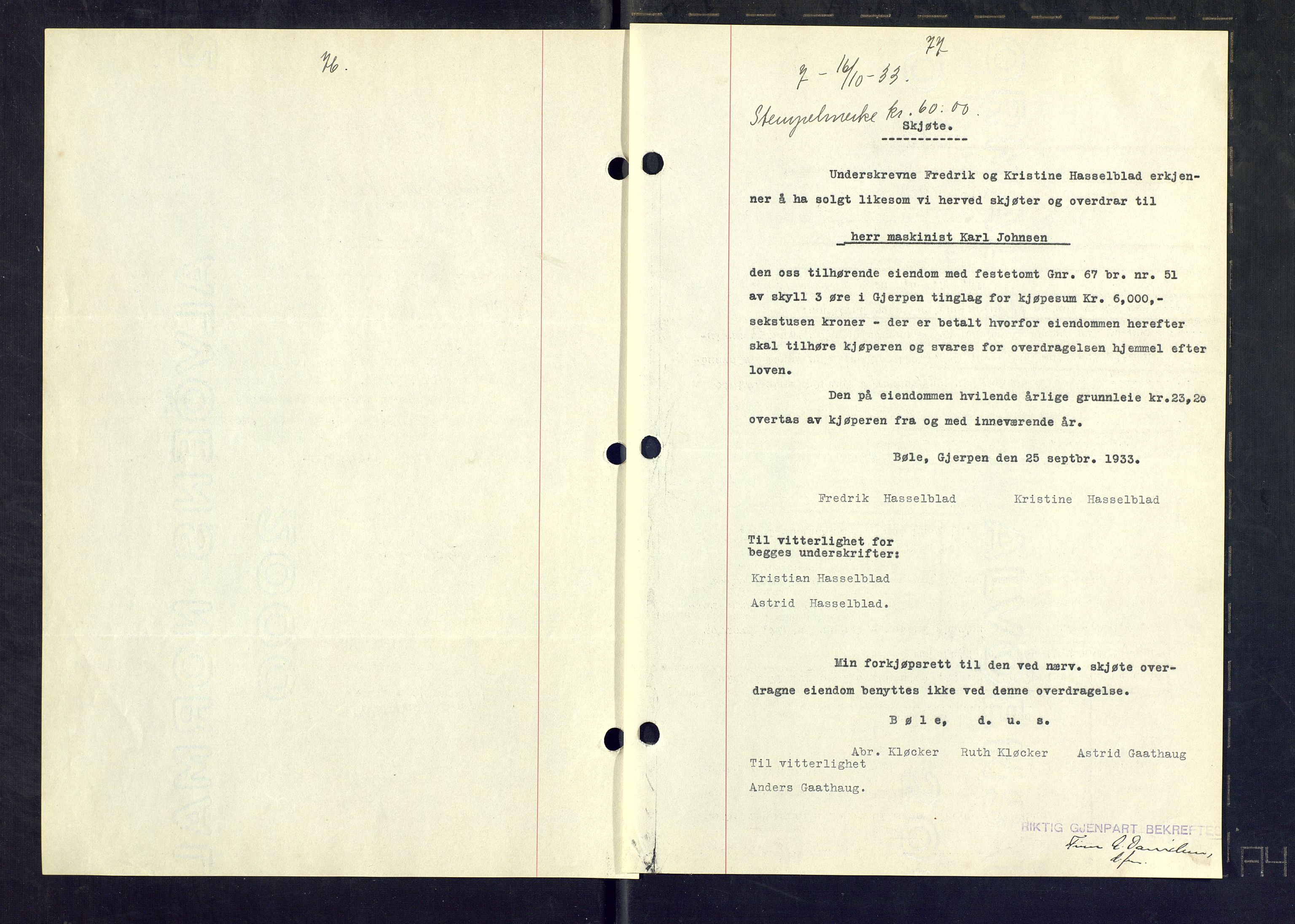 Gjerpen sorenskriveri, SAKO/A-216/G/Ga/Gaa/L0059: Pantebok nr. I 59-60 og 62, 1932-1934, Tingl.dato: 16.10.1933