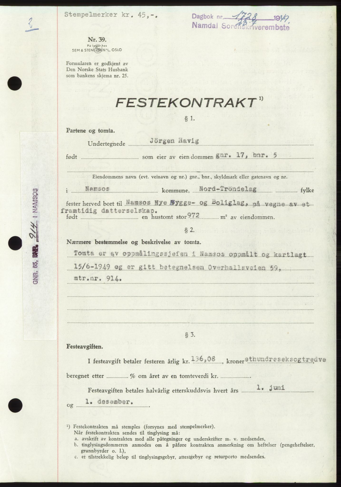 Namdal sorenskriveri, SAT/A-4133/1/2/2C: Pantebok nr. -, 1949-1949, Dagboknr: 1728/1949
