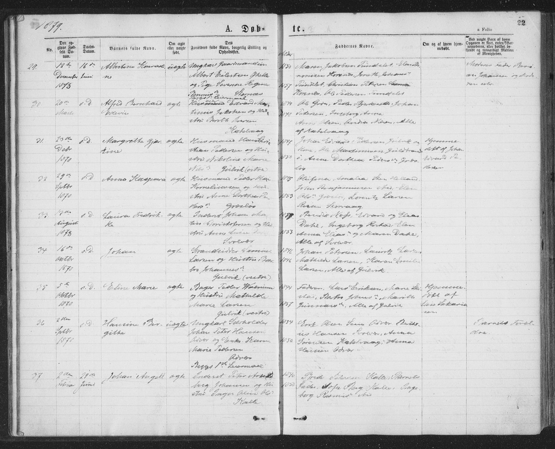 Ministerialprotokoller, klokkerbøker og fødselsregistre - Nordland, AV/SAT-A-1459/874/L1058: Ministerialbok nr. 874A02, 1878-1883, s. 22