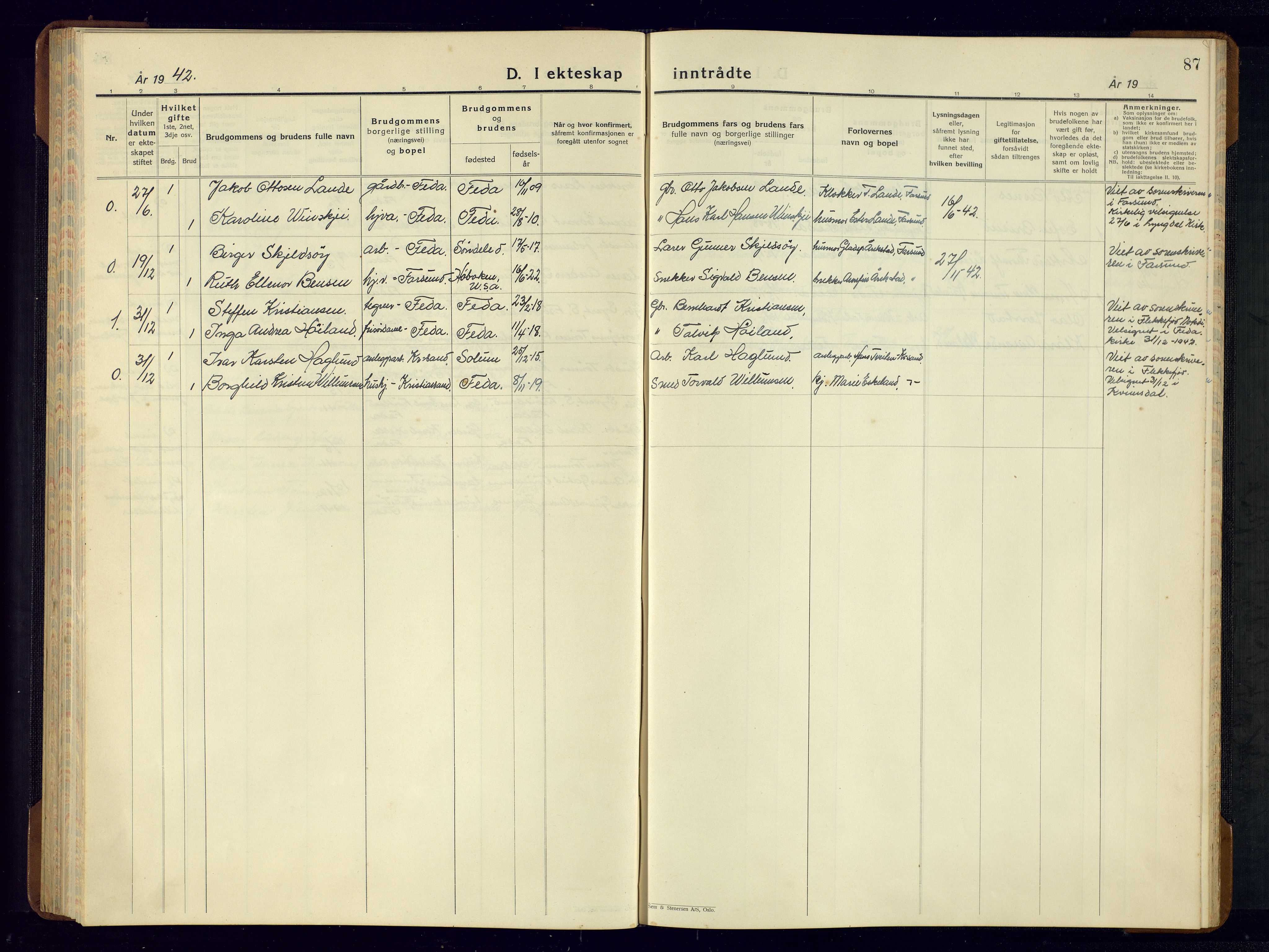 Kvinesdal sokneprestkontor, SAK/1111-0026/F/Fb/Fba/L0006: Klokkerbok nr. B 6, 1935-1956, s. 87