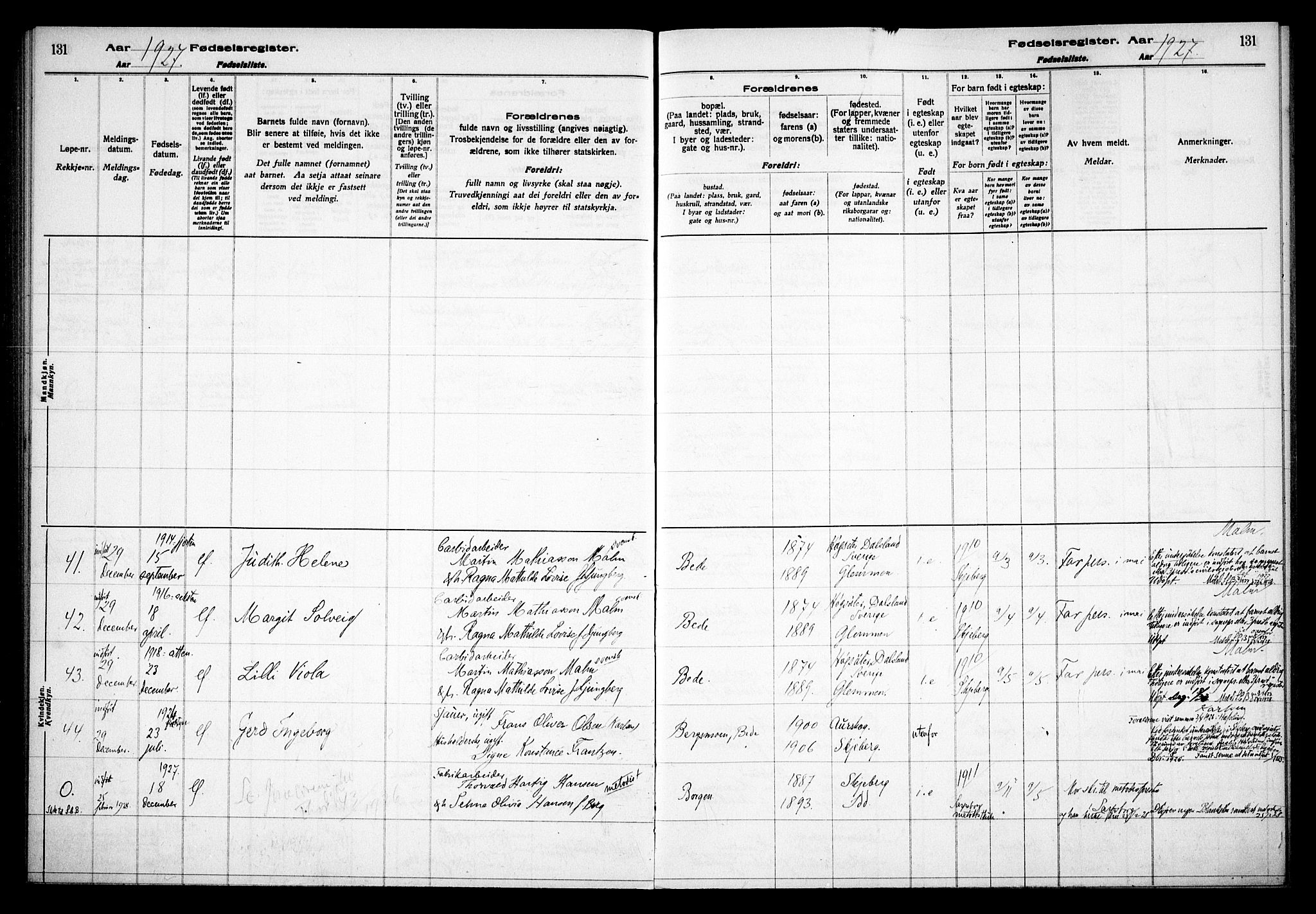 Skjeberg prestekontor Kirkebøker, SAO/A-10923/J/Jd/L0001: Fødselsregister nr. IV 1, 1916-1935, s. 131