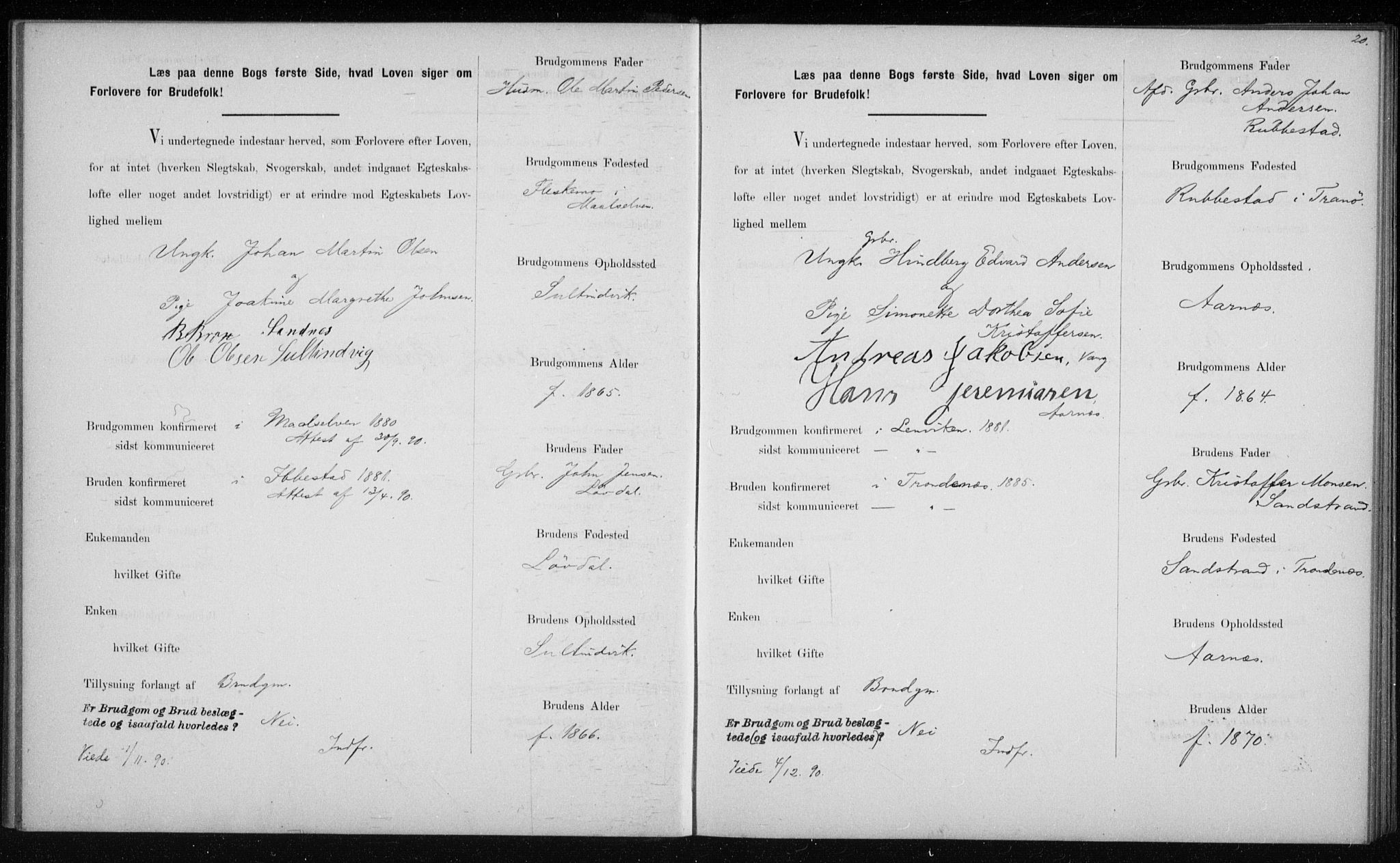 Lenvik sokneprestembete, SATØ/S-1310/I/Ie/L0129: Lysningsprotokoll nr. 129, 1890-1895, s. 20