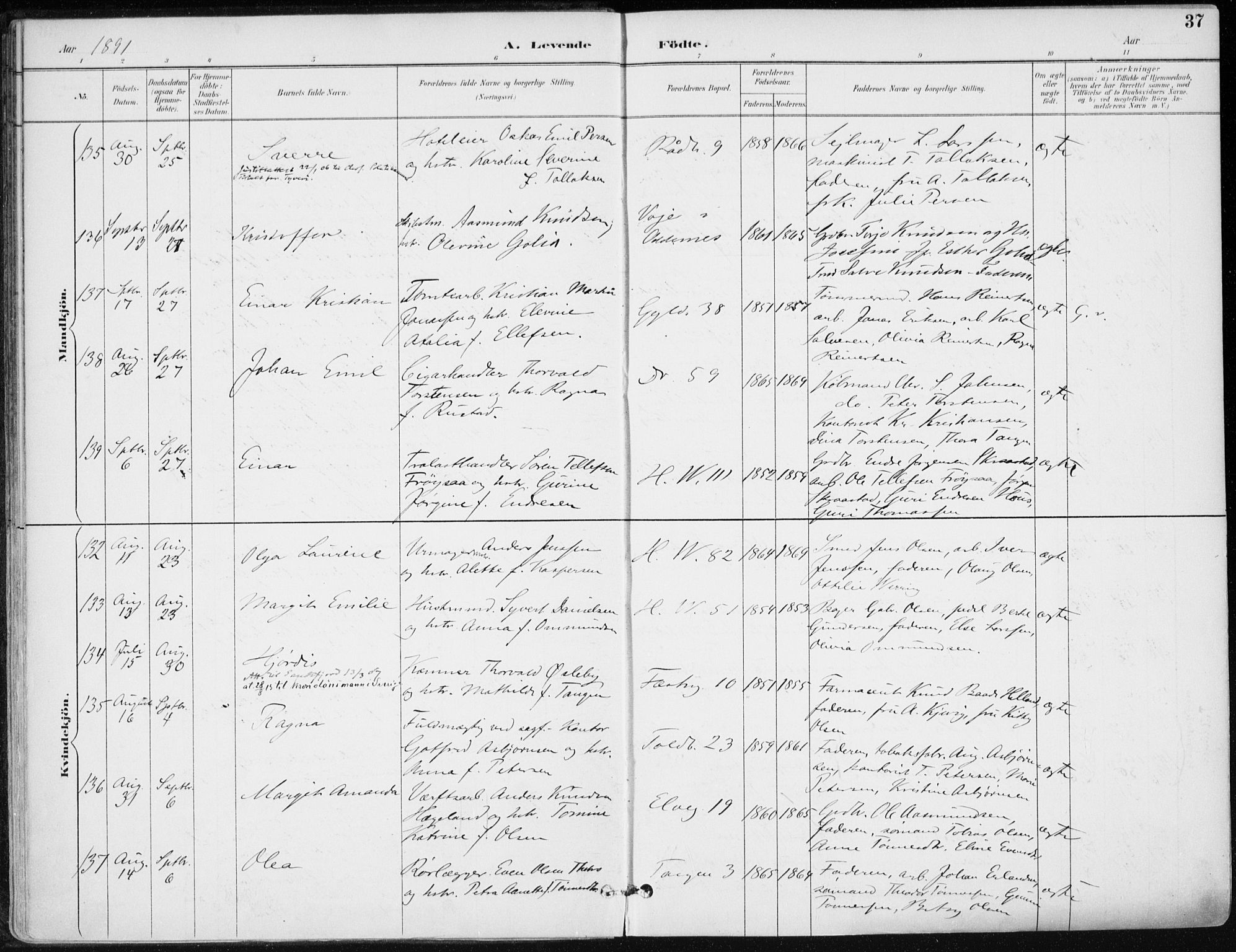 Kristiansand domprosti, AV/SAK-1112-0006/F/Fa/L0019: Ministerialbok nr. A 18, 1890-1897, s. 37