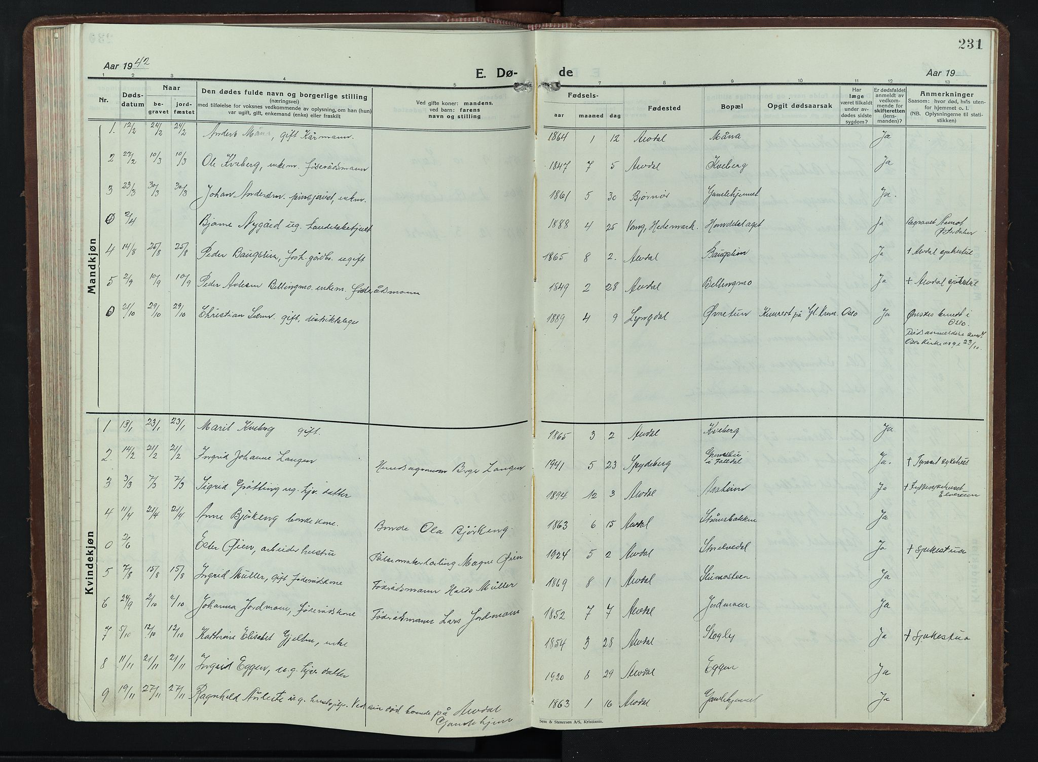 Alvdal prestekontor, AV/SAH-PREST-060/H/Ha/Hab/L0007: Klokkerbok nr. 7, 1924-1945, s. 231