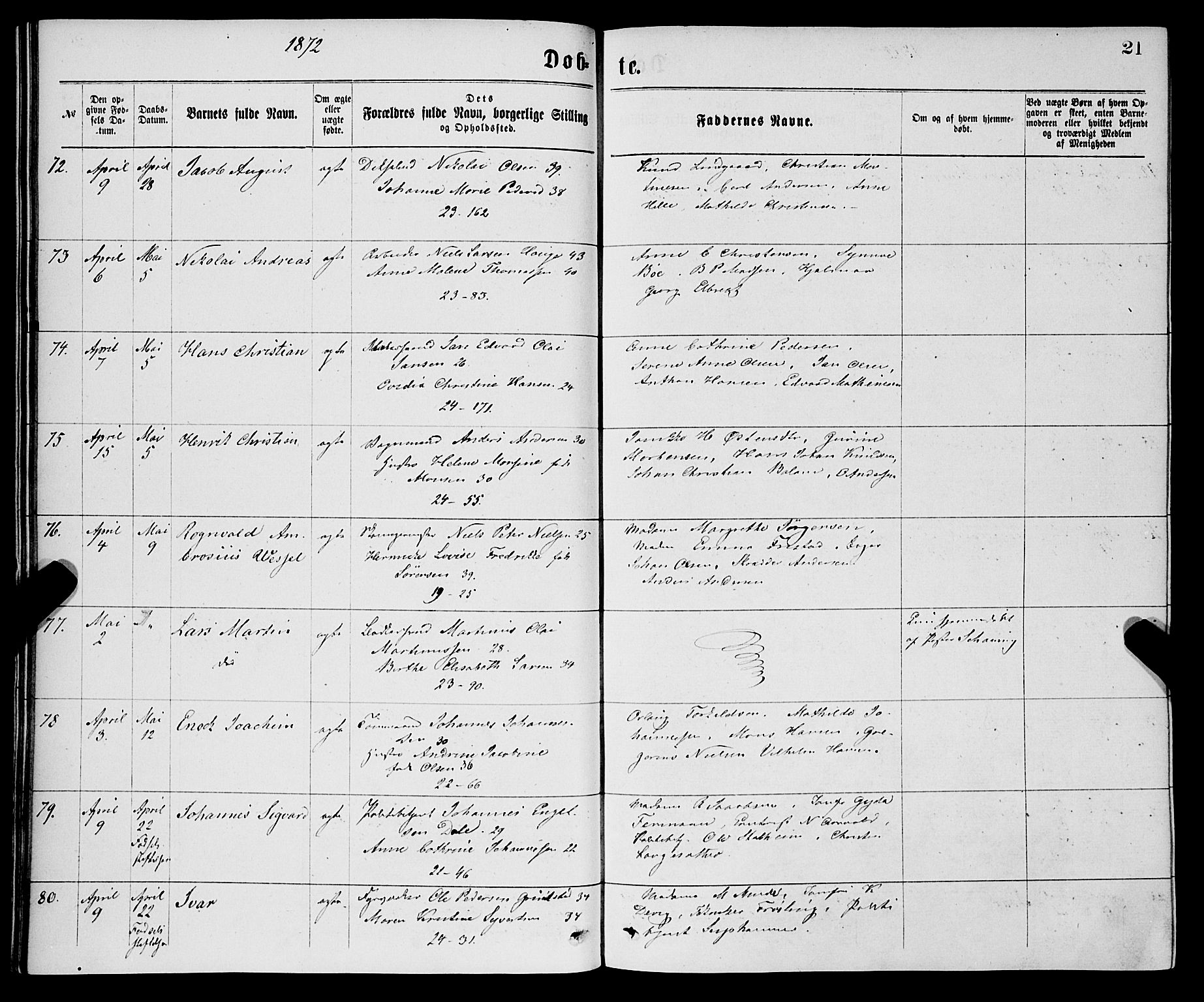 Korskirken sokneprestembete, AV/SAB-A-76101/H/Haa/L0020: Ministerialbok nr. B 6, 1871-1878, s. 21