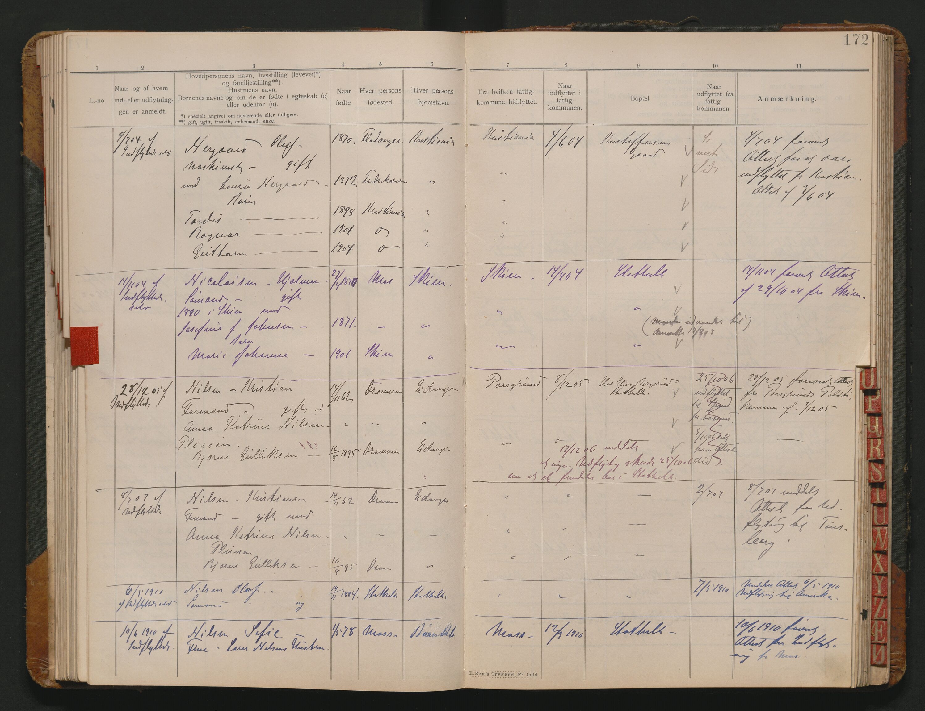 Bamble lensmannskontor, AV/SAKO-A-552/O/Oa/L0005: Protokoll over inn- og utflyttede - Stathelle, 1901-1930, s. 87