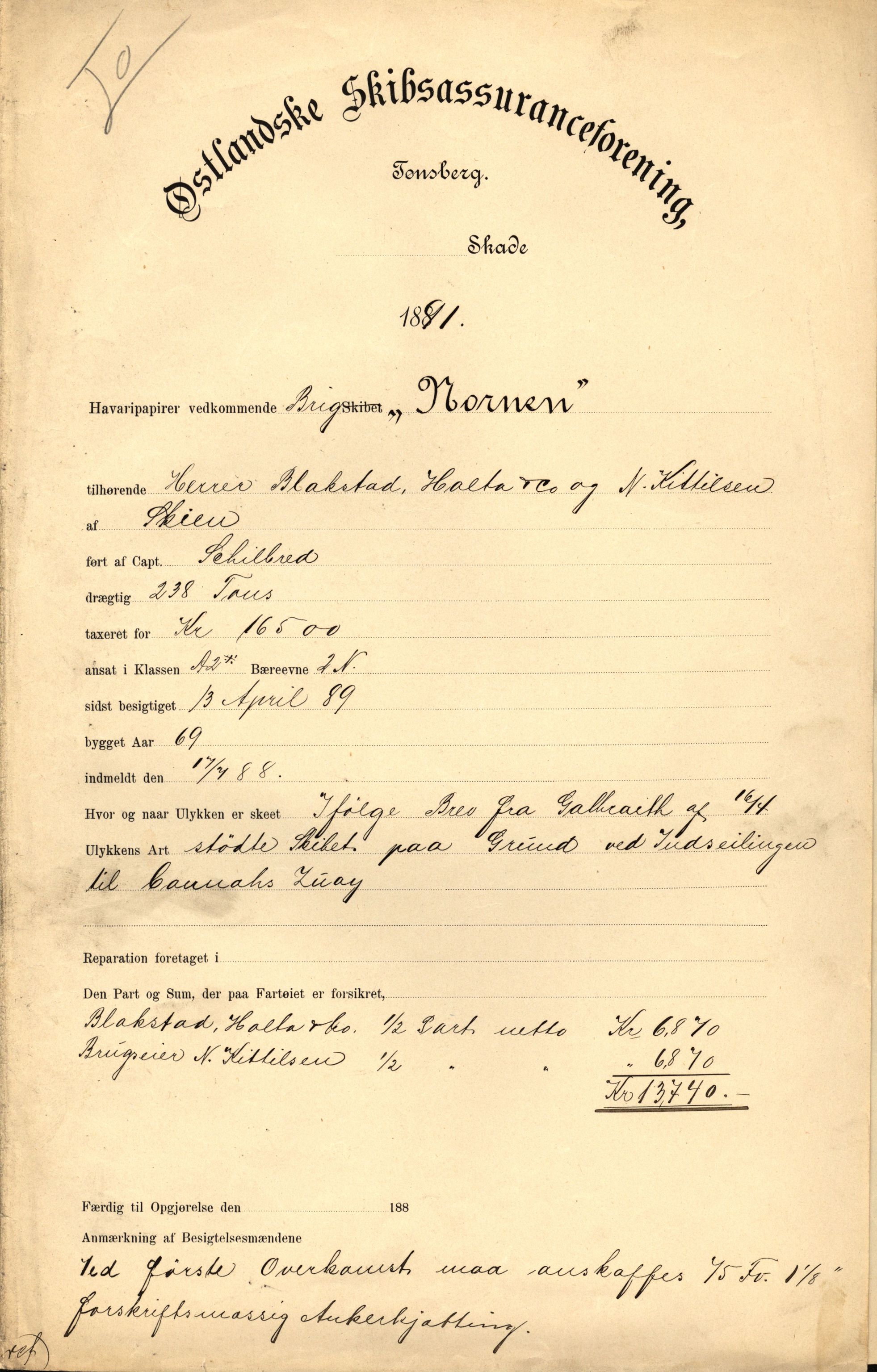 Pa 63 - Østlandske skibsassuranceforening, VEMU/A-1079/G/Ga/L0027/0014: Havaridokumenter / Nornen, Søstrene, Castro, Clara, Cosmo, Gamma, 1891