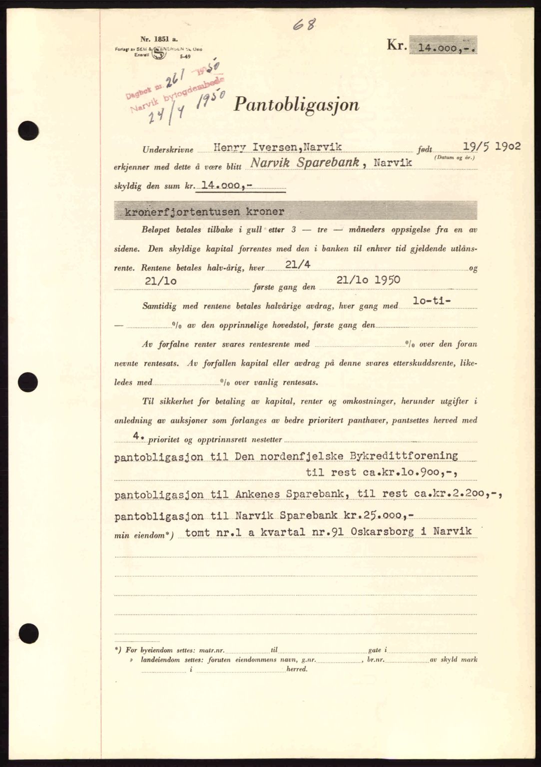 Narvik sorenskriveri, SAT/A-0002/1/2/2C/2Ca: Pantebok nr. A26, 1950-1950, Dagboknr: 261/1950