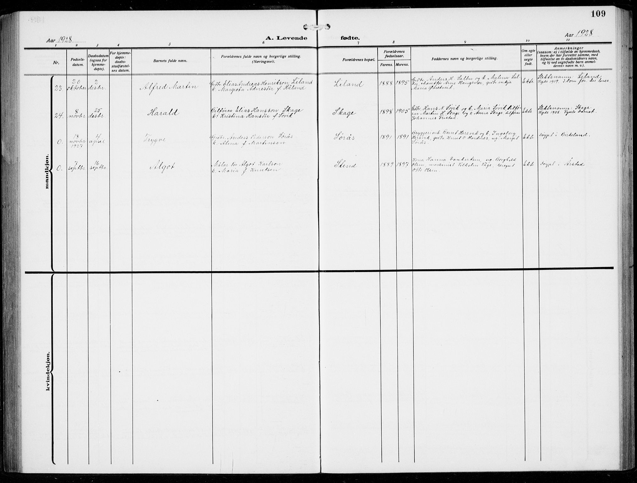 Fana Sokneprestembete, AV/SAB-A-75101/H/Hab/Haba/L0005: Klokkerbok nr. A 5, 1911-1932, s. 109