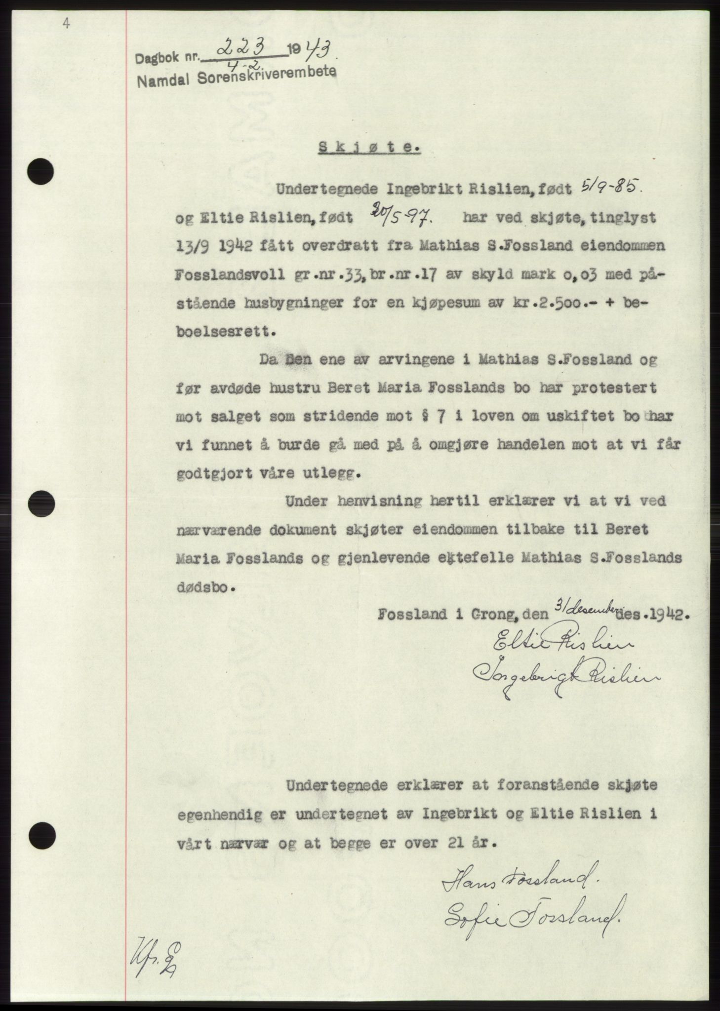 Namdal sorenskriveri, SAT/A-4133/1/2/2C: Pantebok nr. -, 1942-1943, Dagboknr: 223/1943