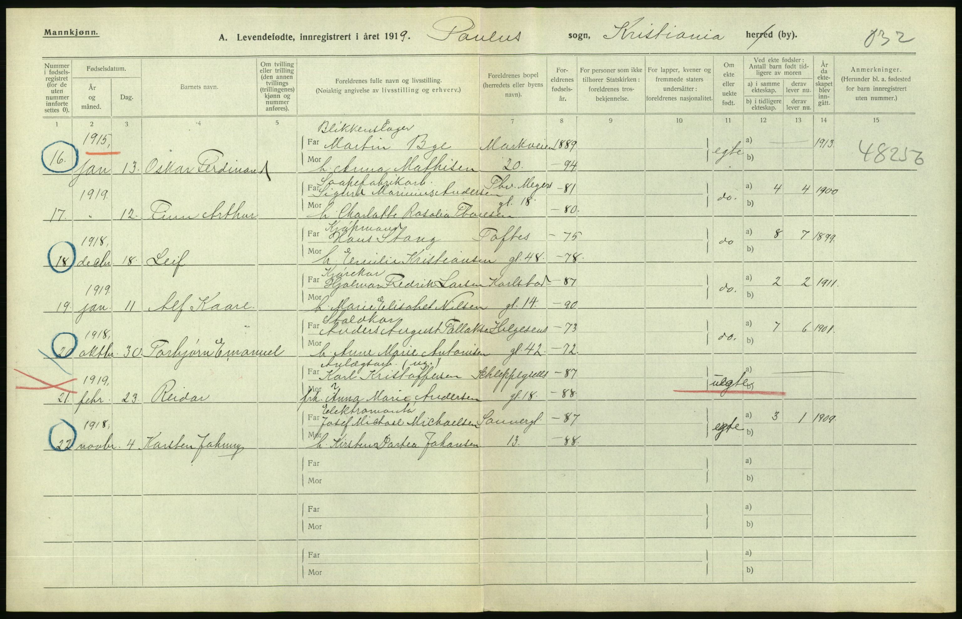 Statistisk sentralbyrå, Sosiodemografiske emner, Befolkning, AV/RA-S-2228/D/Df/Dfb/Dfbi/L0008: Kristiania: Levendefødte menn og kvinner., 1919