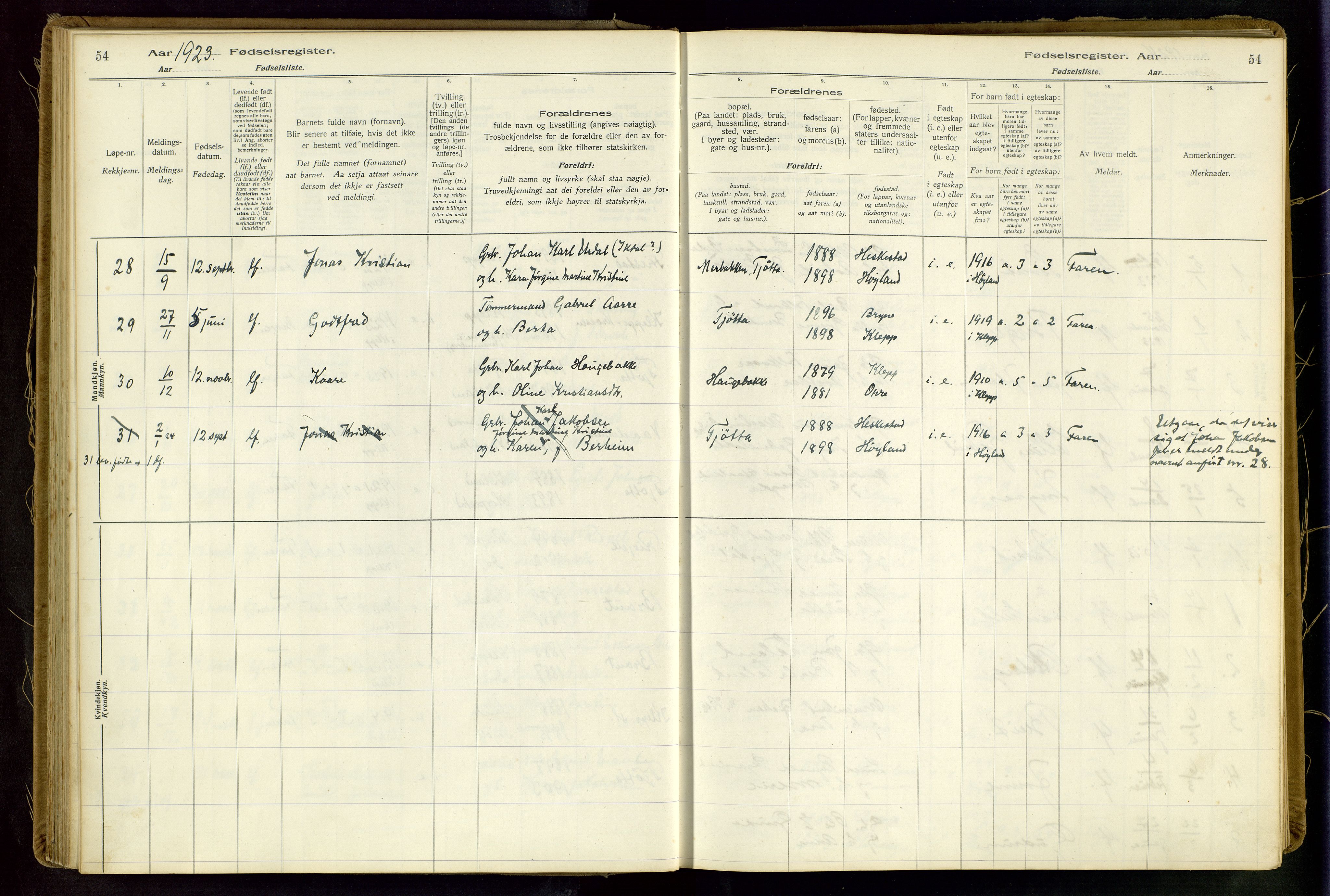Klepp sokneprestkontor, AV/SAST-A-101803/001/704BAA/L0001: Fødselsregister nr. 1, 1916-1948, s. 54