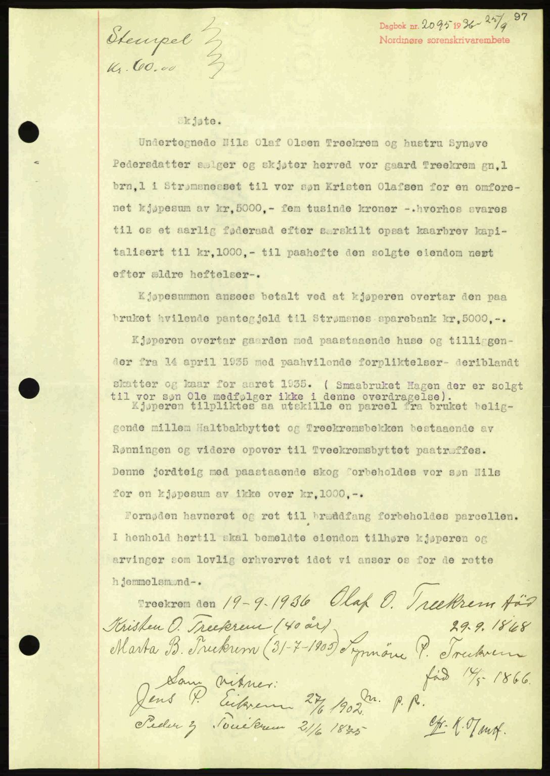 Nordmøre sorenskriveri, SAT/A-4132/1/2/2Ca: Pantebok nr. A80, 1936-1937, Dagboknr: 2095/1936