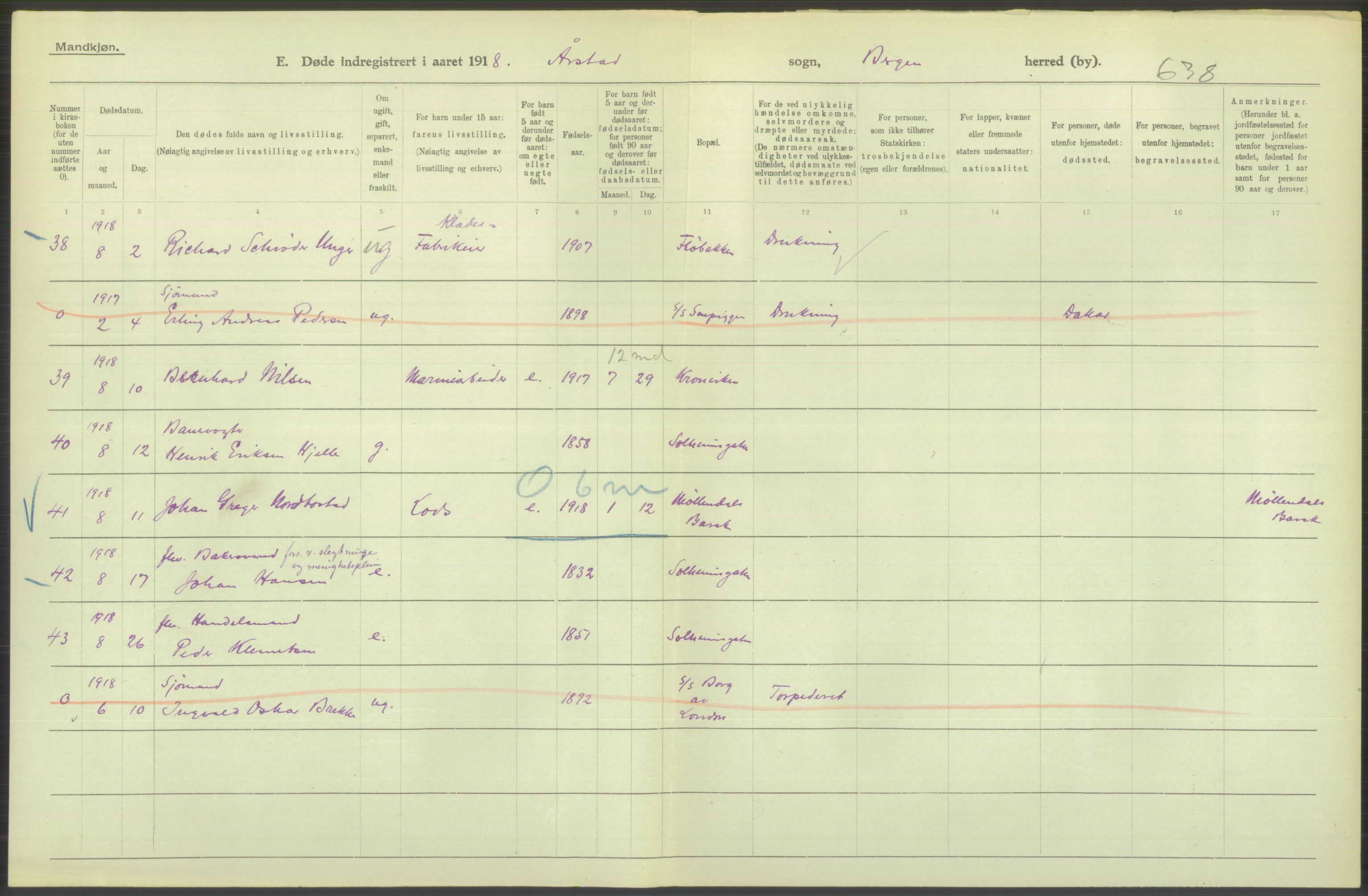 Statistisk sentralbyrå, Sosiodemografiske emner, Befolkning, AV/RA-S-2228/D/Df/Dfb/Dfbh/L0039: Bergen: Døde., 1918, s. 152