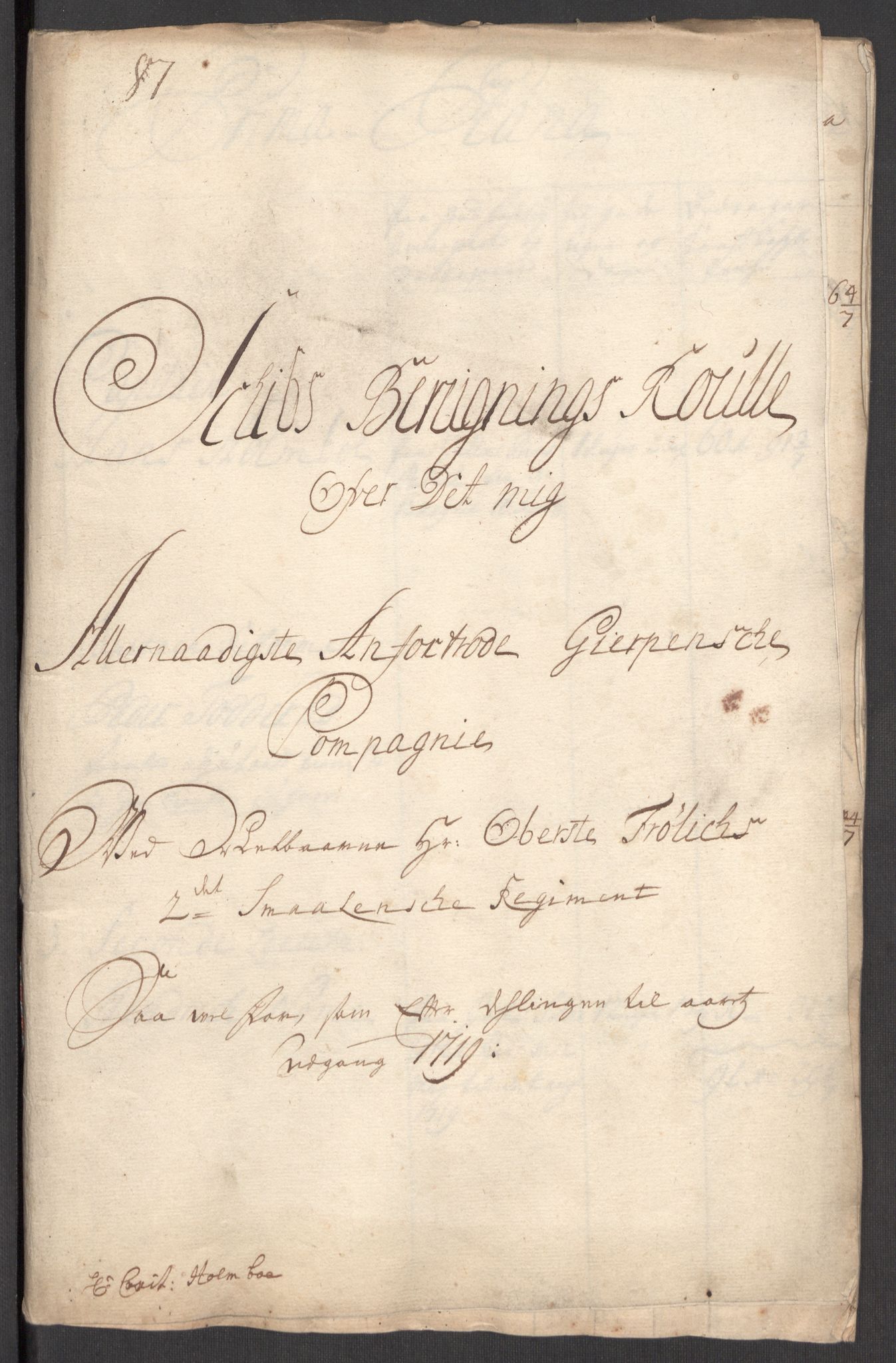 Kommanderende general (KG I) med Det norske krigsdirektorium, RA/EA-5419/E/Eb/L0001: Ruller over noen kompanier som tjenestegjorde på flåten, 1712-1721, s. 97