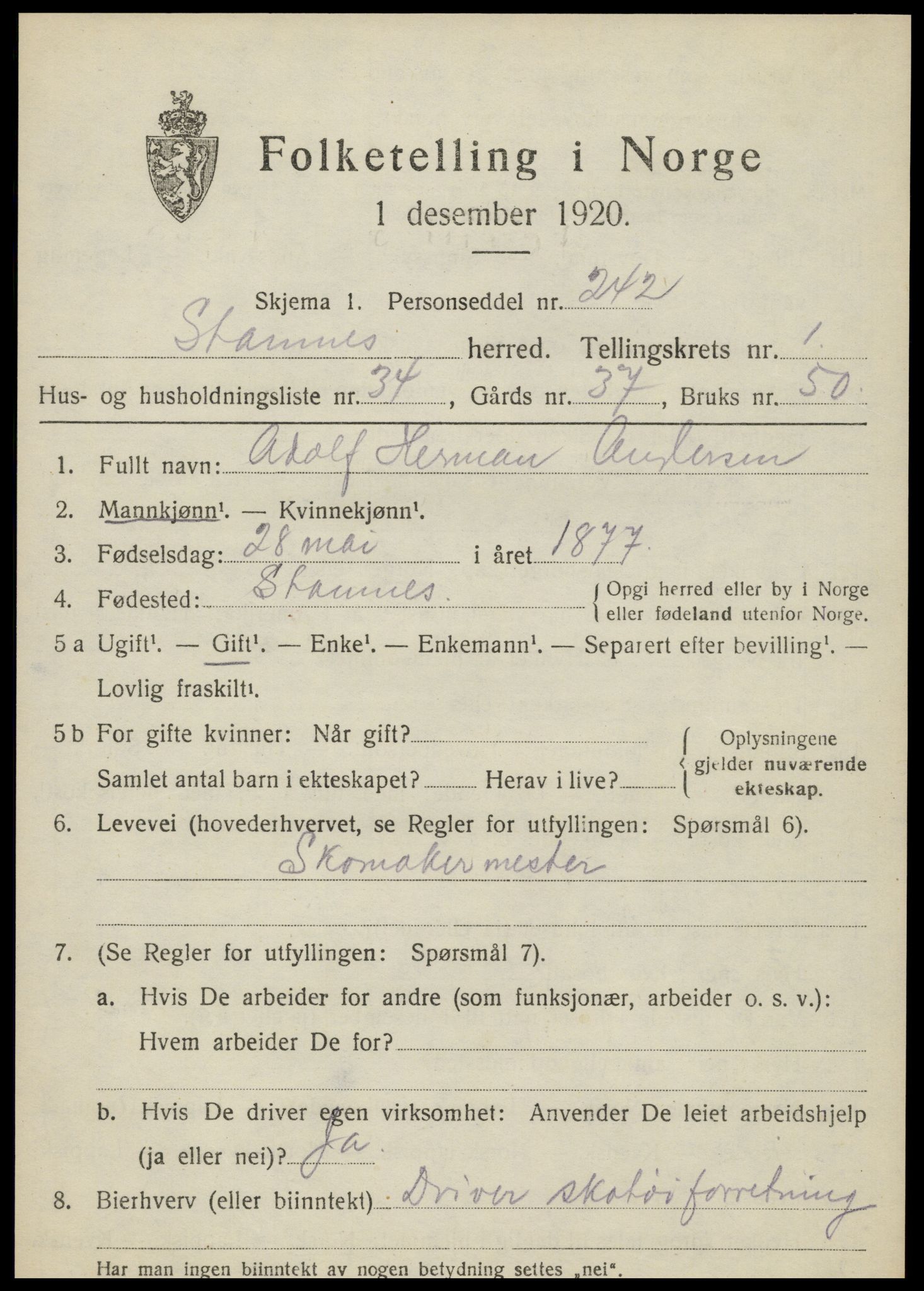 SAT, Folketelling 1920 for 1821 Stamnes herred, 1920, s. 1050
