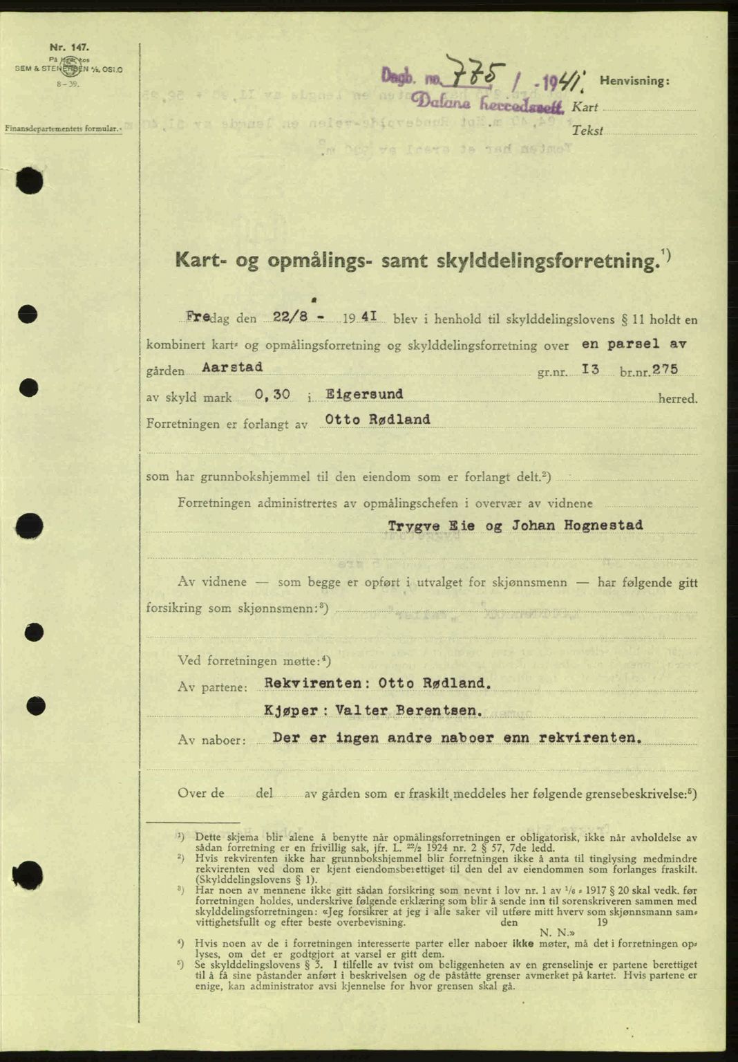 Dalane sorenskriveri, SAST/A-100309/02/G/Gb/L0045: Pantebok nr. A6, 1941-1942, Dagboknr: 775/1941