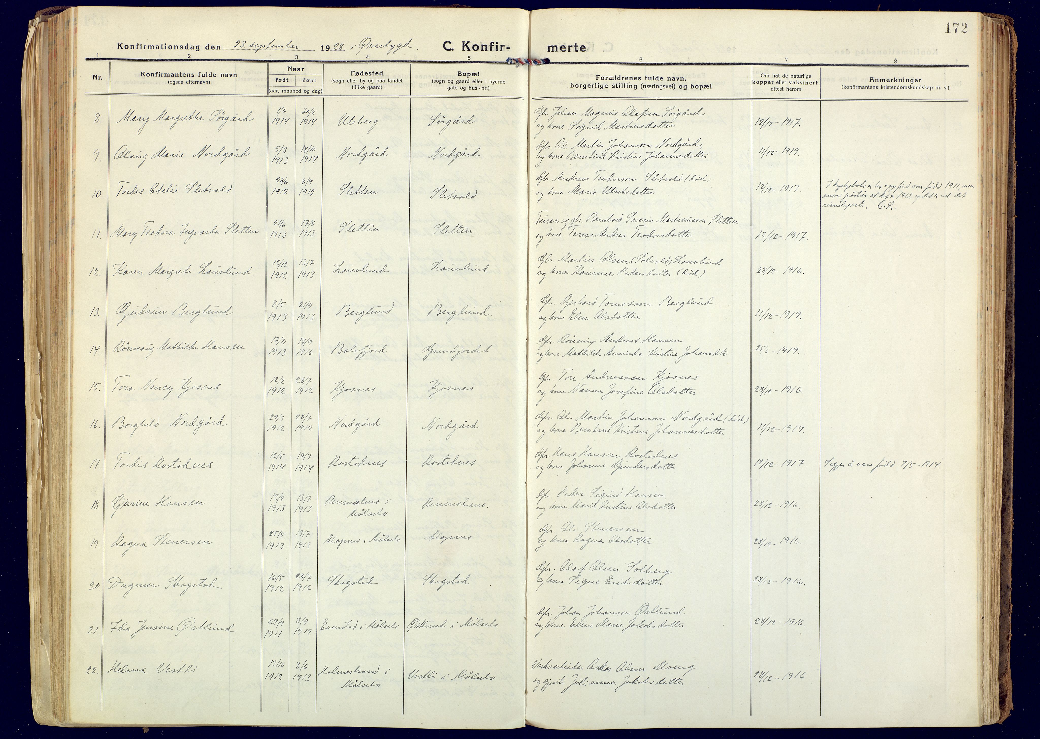Målselv sokneprestembete, AV/SATØ-S-1311/G/Ga/Gaa/L0014kirke: Ministerialbok nr. 14, 1919-1932, s. 172